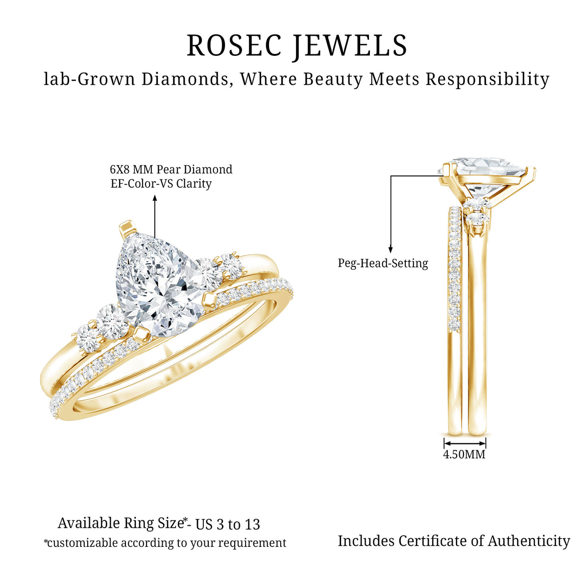 1.3 Carat Certified Lab Grown Diamond Teardrop Bridal Ring Set Lab - ( EF-VS ) - Rosec Jewels