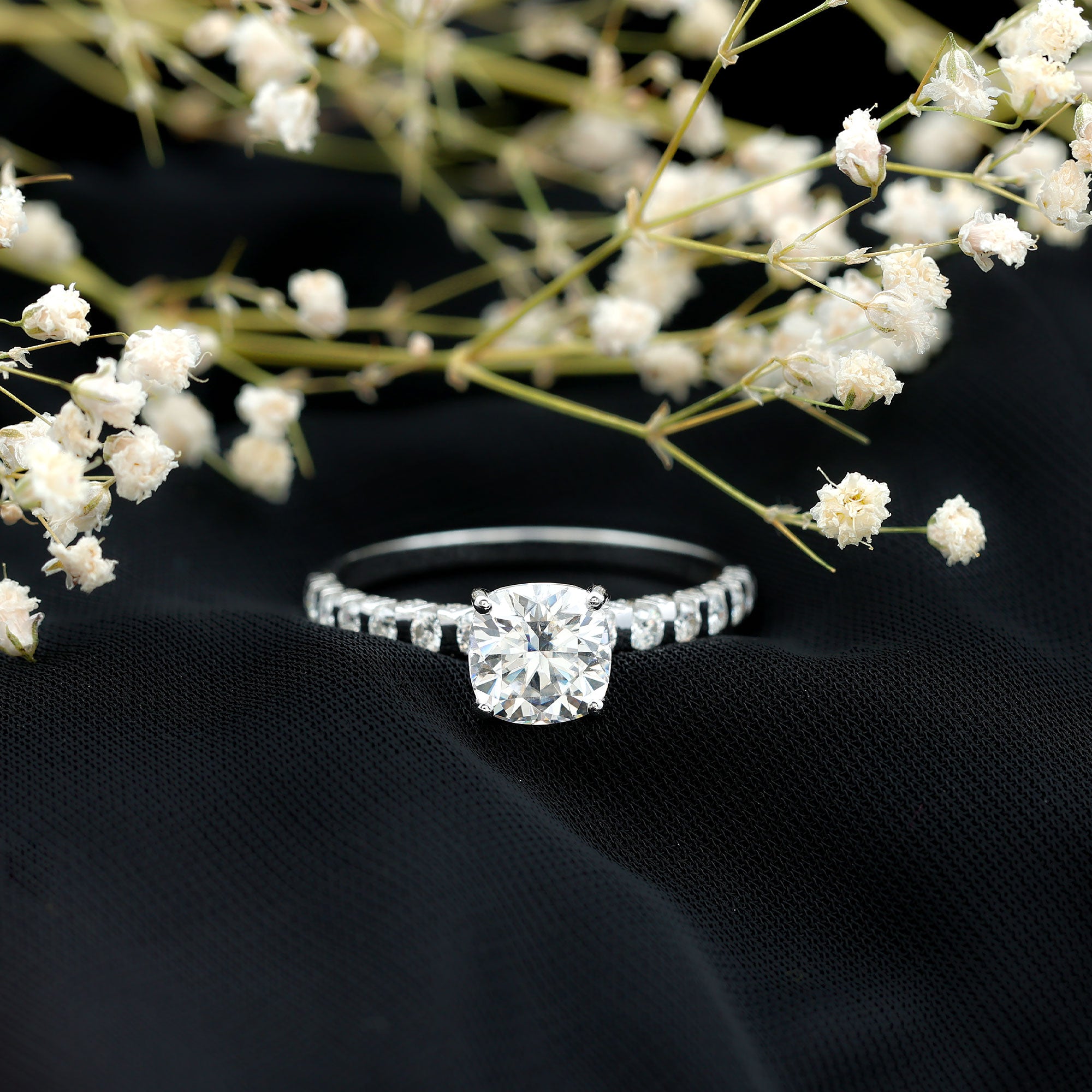 Rosec Jewels-3 Carat IGI Certified Lab Grown Diamond Cushion Cut Engagement Ring with Side Stones