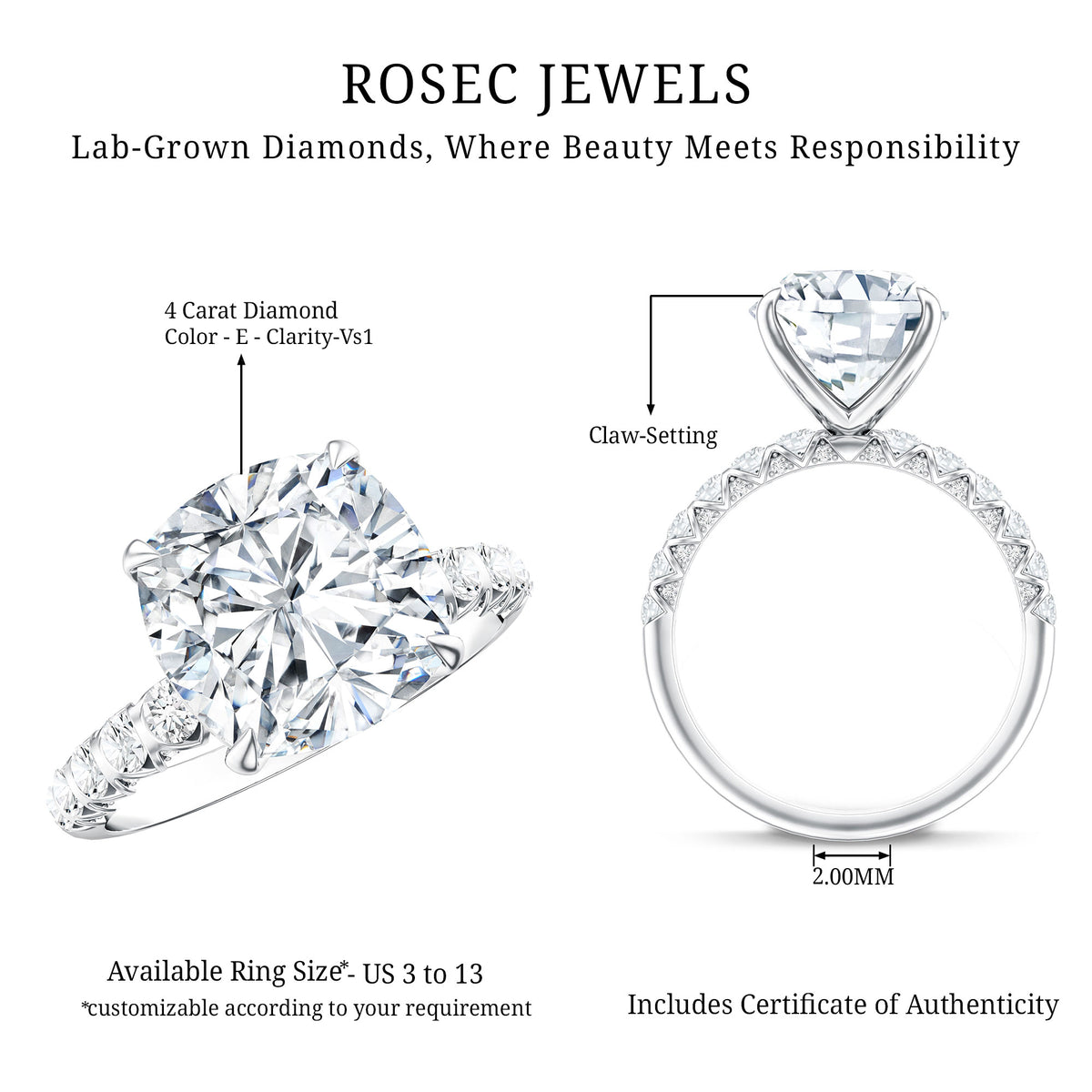 Rosec Jewels-IGI Certified 4 Carat Lab Grown Diamond Cushion Cut Engagement Ring Side Stones