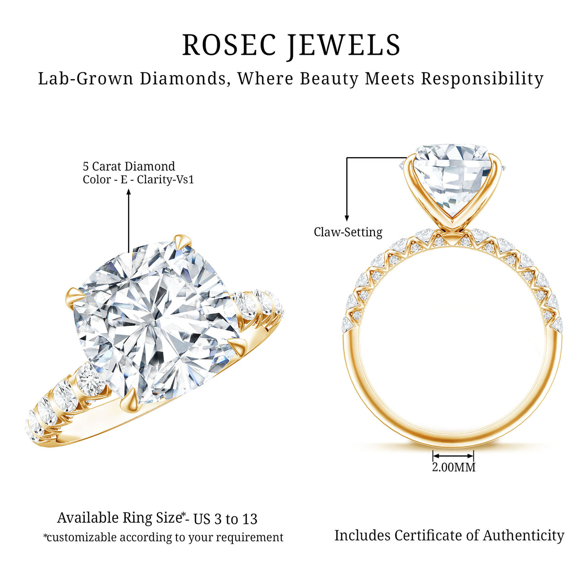Rosec Jewels-5 Carat Cushion Cut Lab Diamond Huge Engagement Ring with IGI Certificate