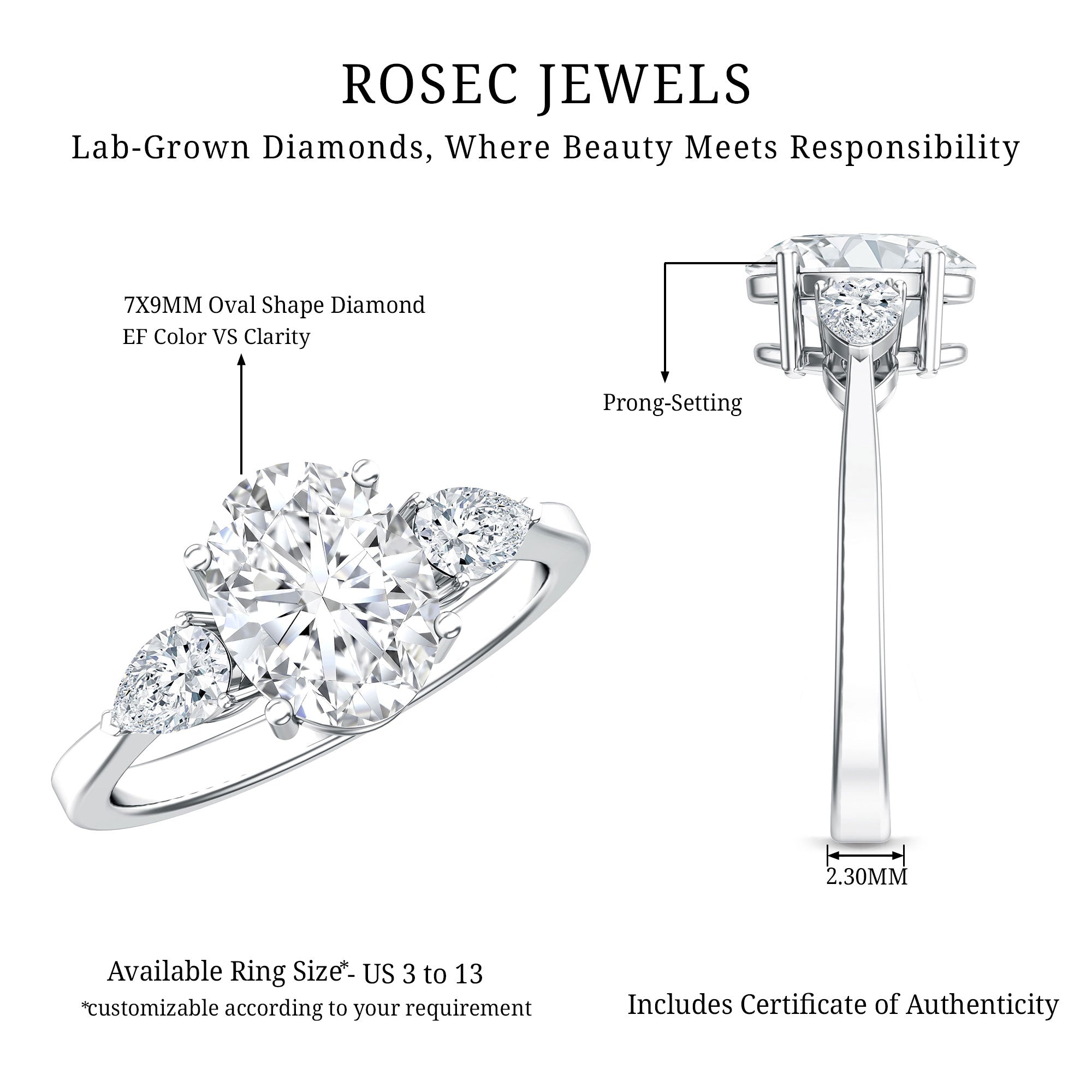 Rosec Jewels-2 Carat Oval Lab Grown Diamond Three Stone Engagement Ring with IGI Certificate