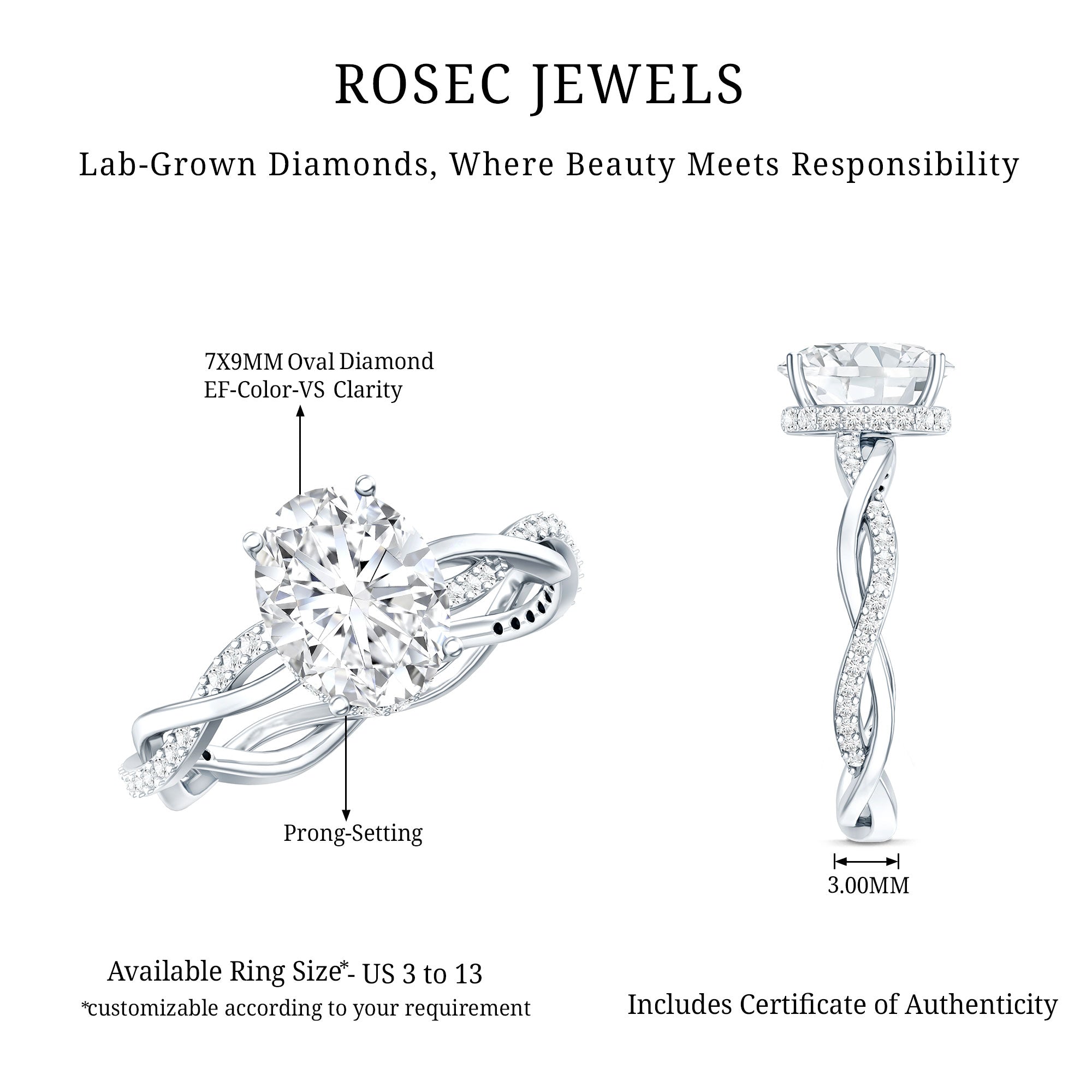 Rosec Jewels-IGI Certified 2 Carat Lab Grown Diamond Oval Hidden Halo Engagement Ring with Braided Band
