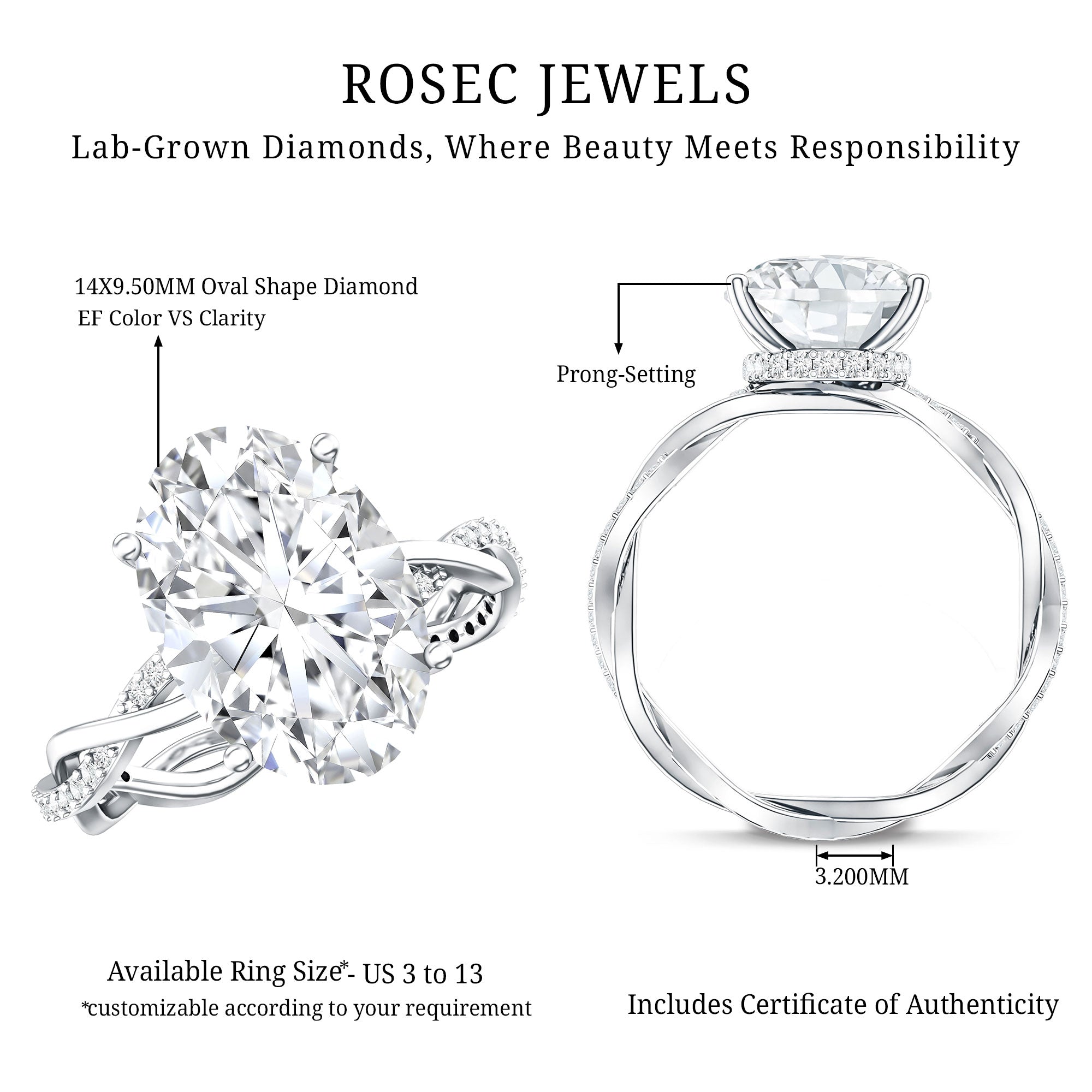 Rosec Jewels-IGI Certified 4 Carat Oval Lab Grown Diamond Huge Engagement Ring with Braided Band