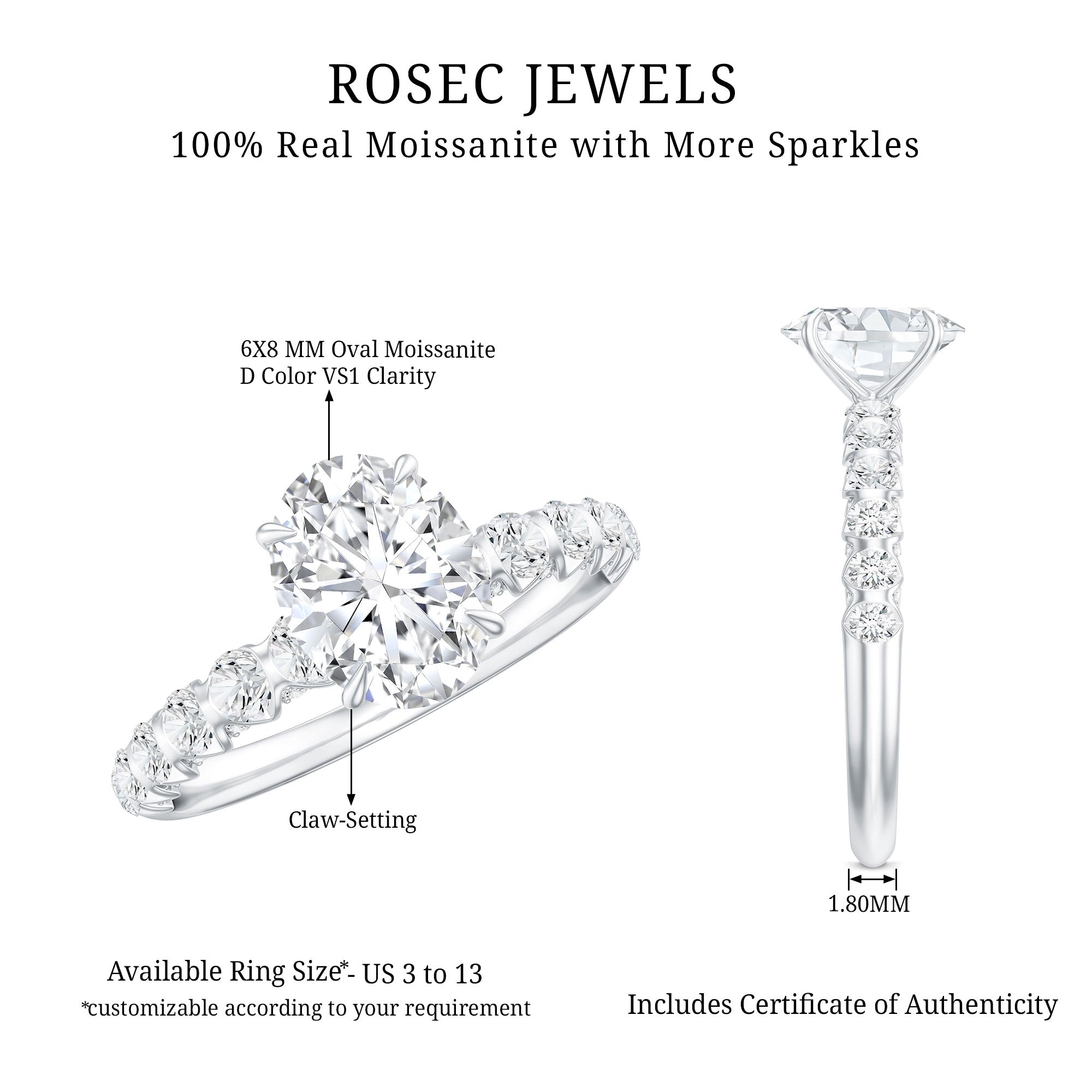 Rosec Jewels-1 Carat Oval Cut Lab Grown Diamond Side Stone Engagement Ring IGI Certified