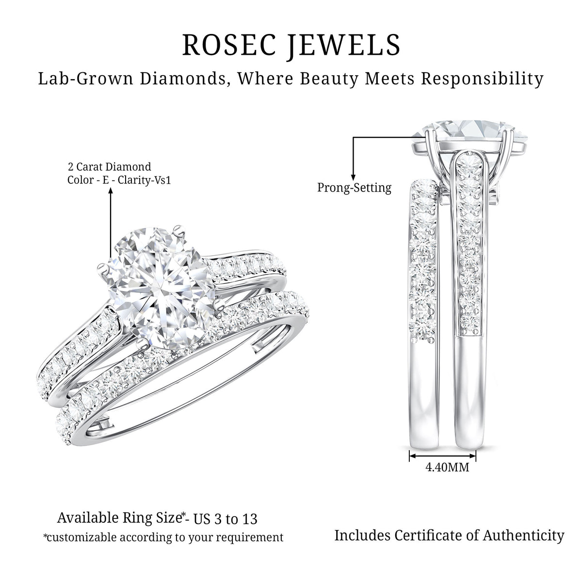 Rosec Jewels-IGI Graded 2 Carat Lab Grown Diamond Oval Engagement Ring Set