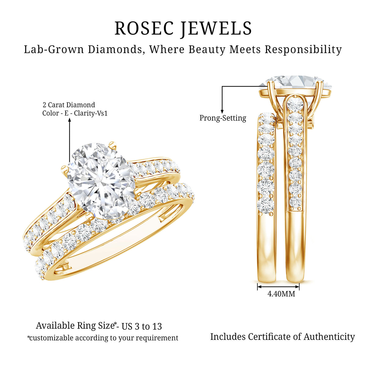 Rosec Jewels-IGI Graded 2 Carat Lab Grown Diamond Oval Engagement Ring Set