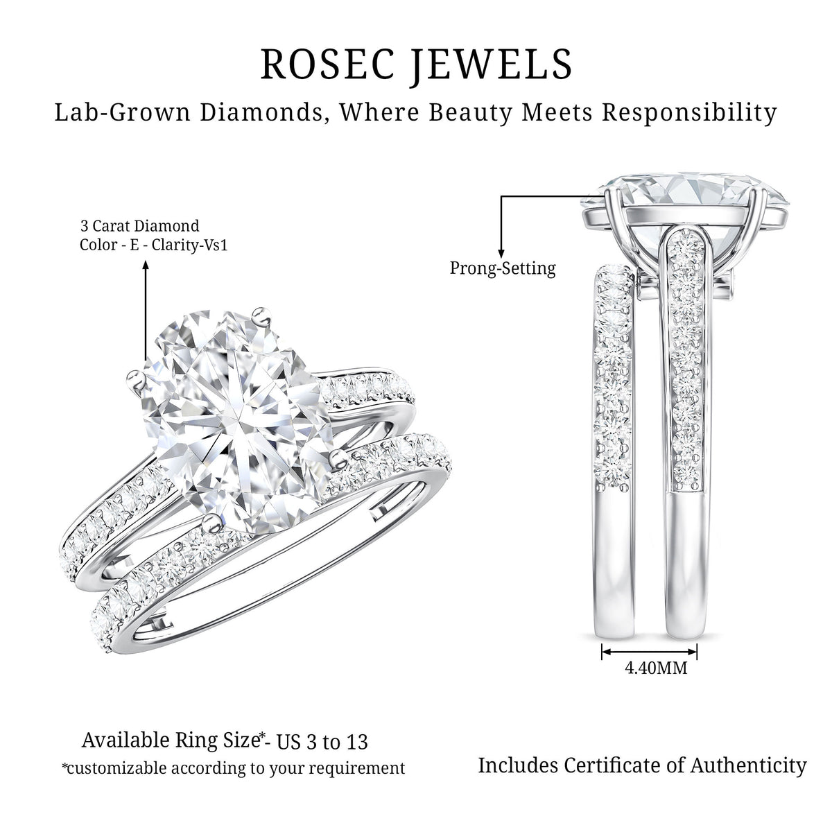 Rosec Jewels-3 Carat IGI Certified Lab Grown Diamond Oval Wedding Ring Set for Her