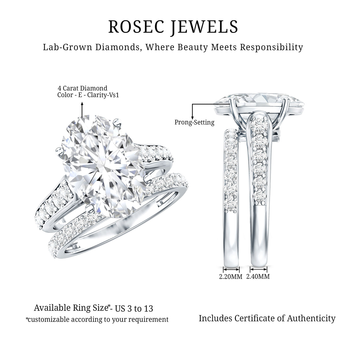 Rosec Jewels-IGI Graded 4 Carat Lab Grown Diamond Oval Wedding Ring Set for Women