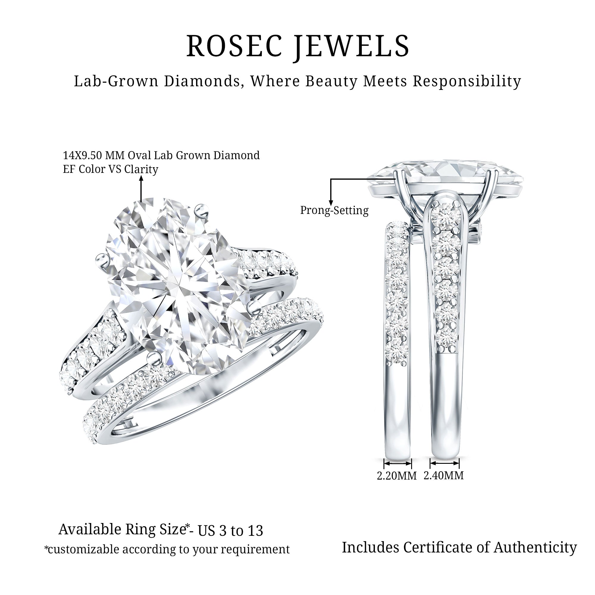 IGI Certified Lab Grown Diamond 5 Carat Oval Engagement Ring with Wedding Band Lab - ( E-VS1 ) - Rosec Jewels