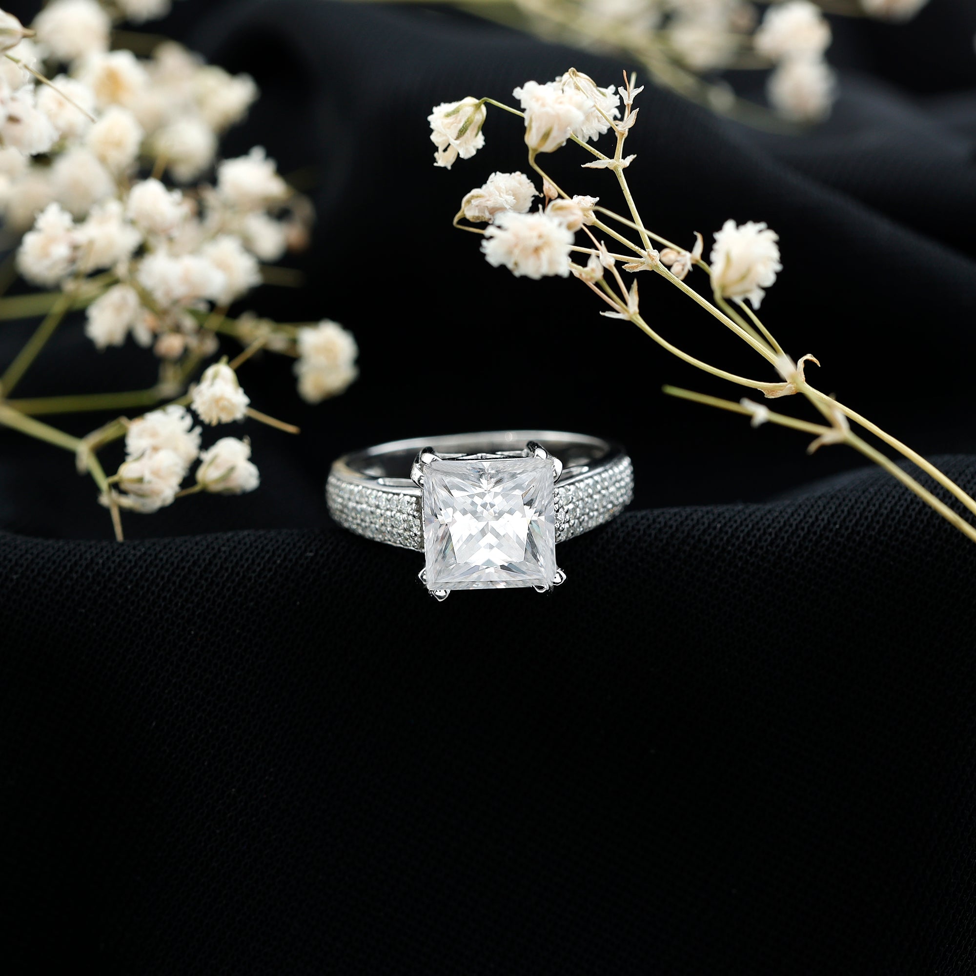 Rosec Jewels-IGI Certified Princess Cut Lab Grown Diamond 4 Carat Engagement Ring with Side Stones