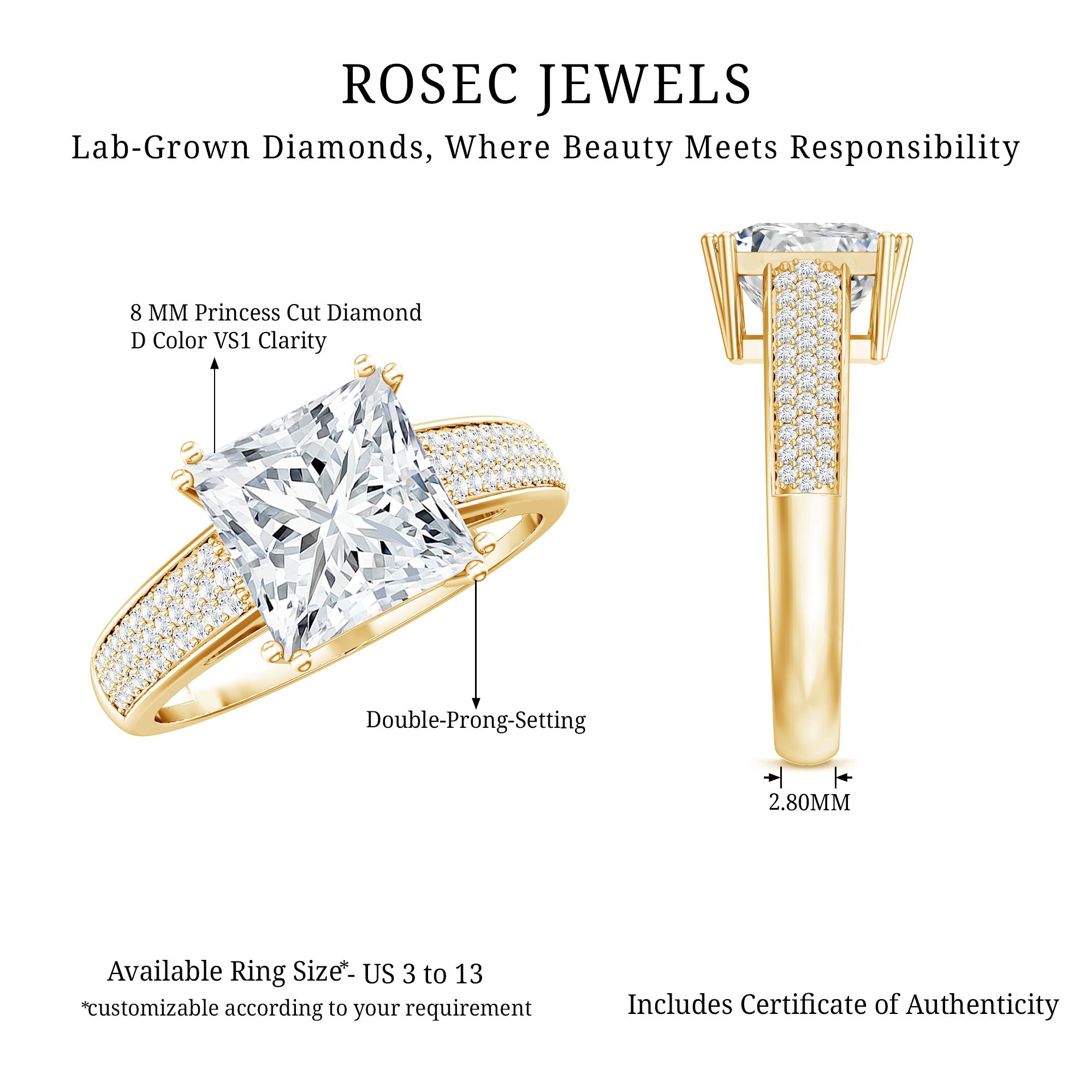 Rosec Jewels-IGI Certified Princess Cut Lab Grown Diamond 4 Carat Engagement Ring with Side Stones