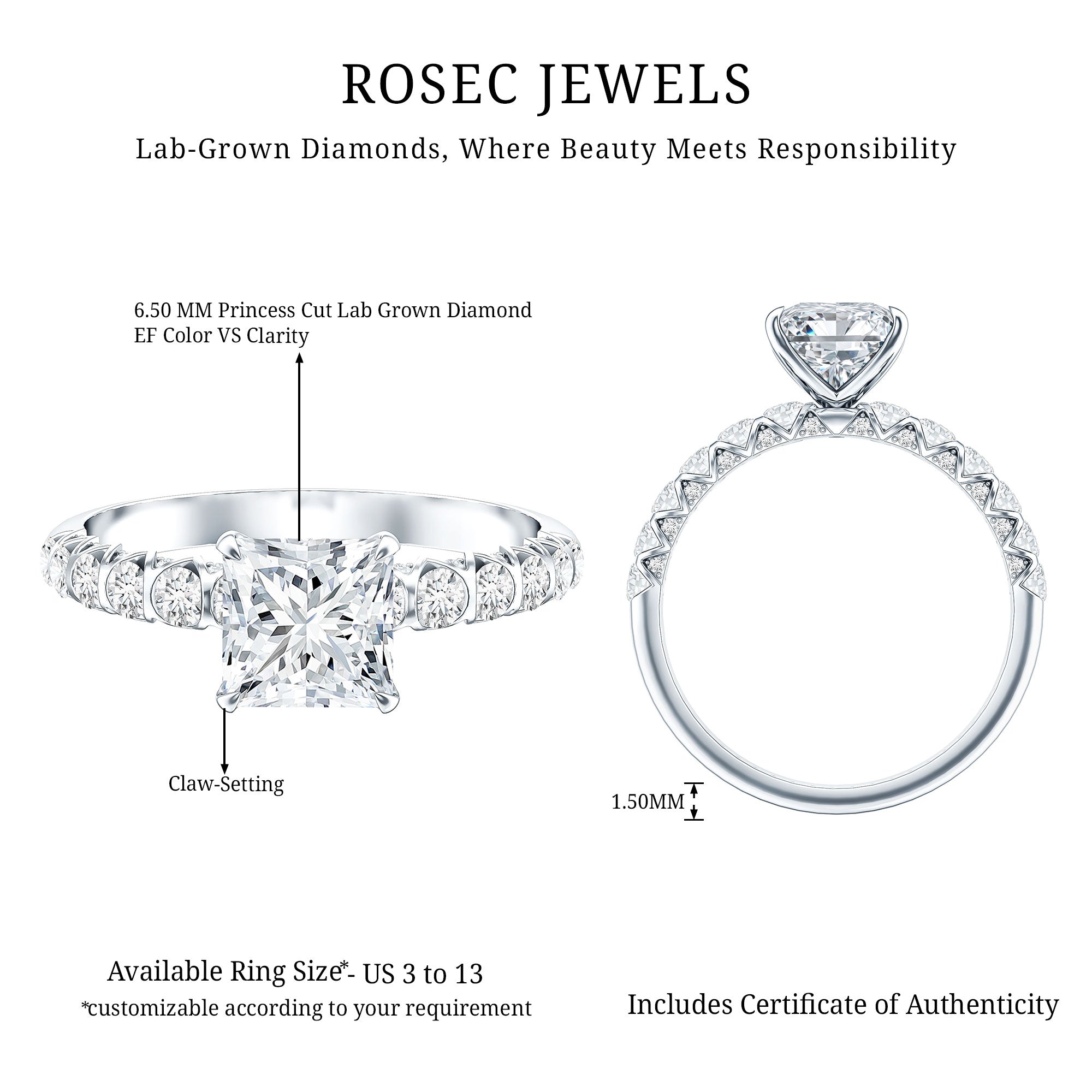 Rosec Jewels-2 Carat IGI Certified Lab Grown Diamond Princess Cut Engagement Ring