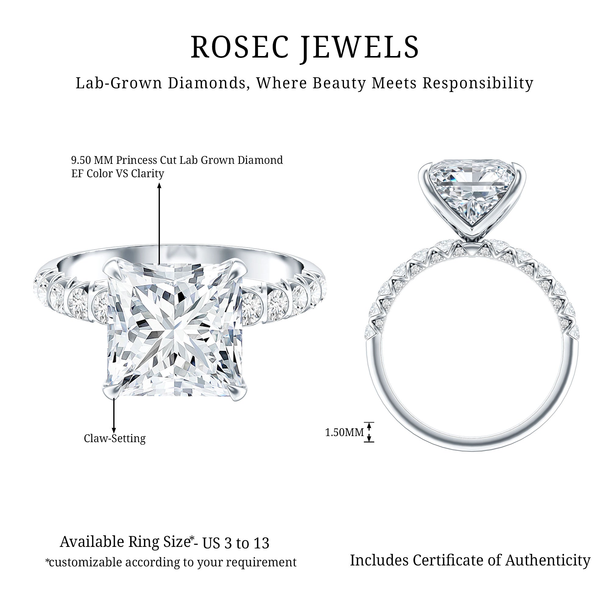 Rosec Jewels-Princess Cut 5 Carat Lab Grown Big Diamond Engagement Ring IGI Certified