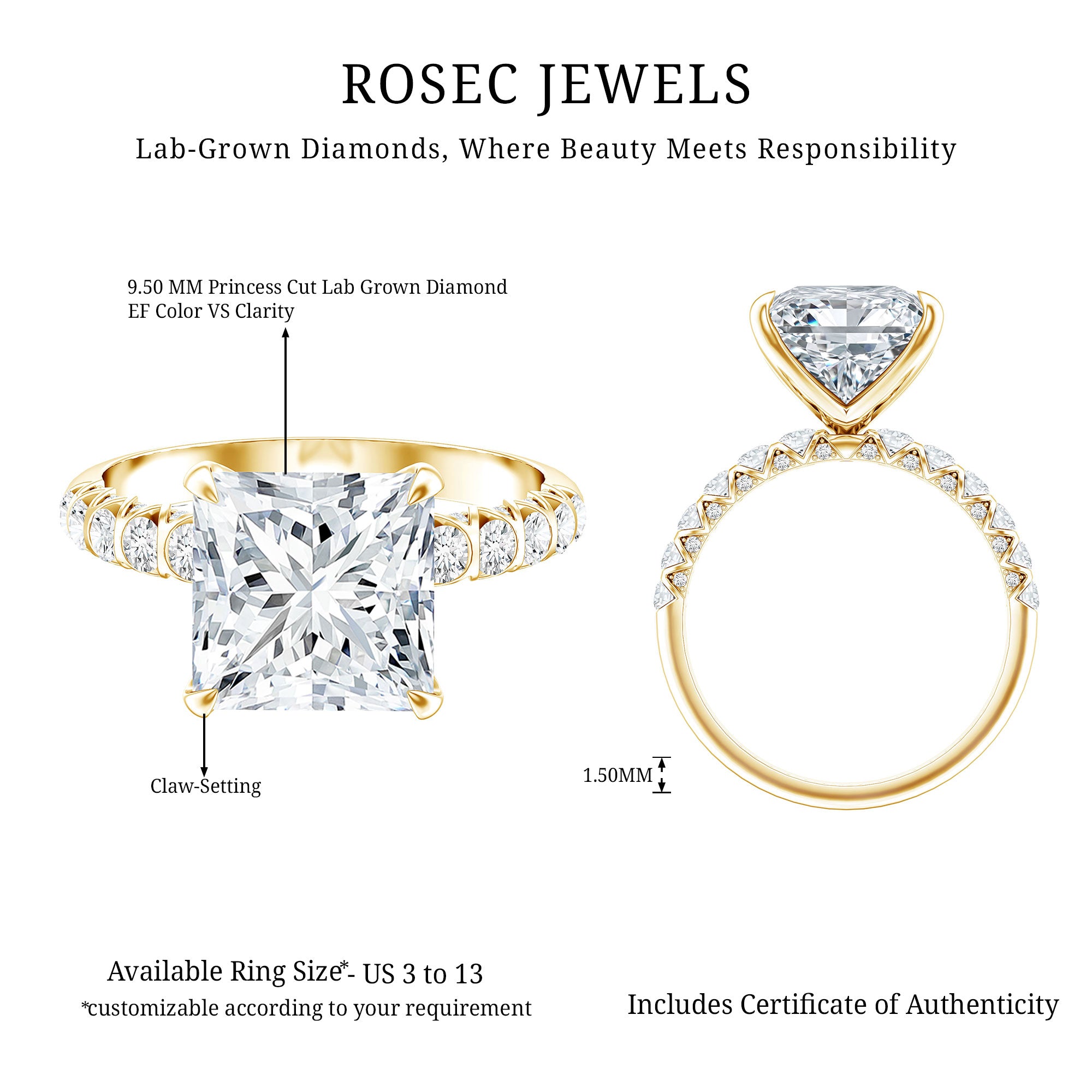 Rosec Jewels-Princess Cut 5 Carat Lab Grown Big Diamond Engagement Ring IGI Certified
