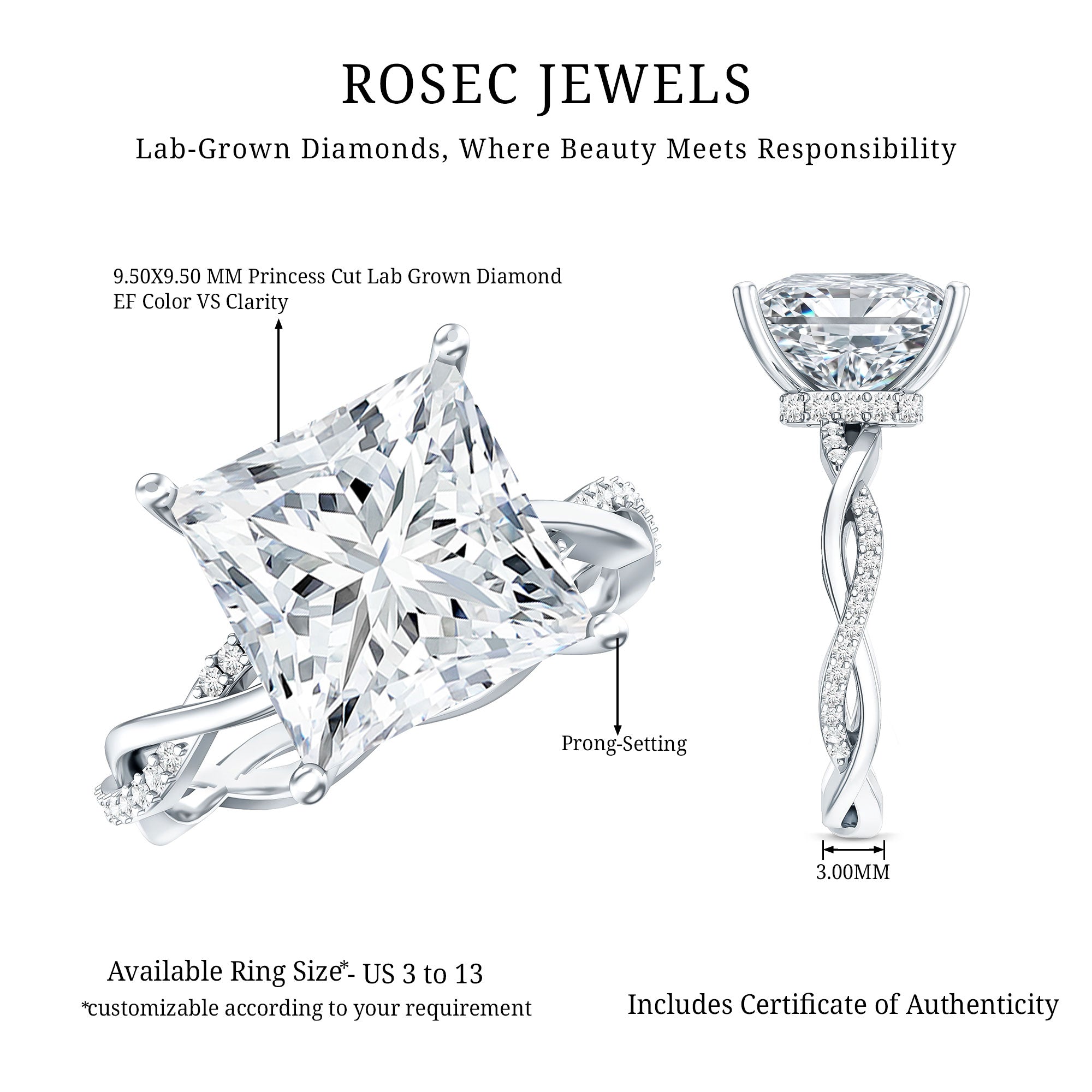 Rosec Jewels-IGI Certified 5 Carat Princess Cut Lab Grown Diamond Huge Engagement Ring with Braided Band