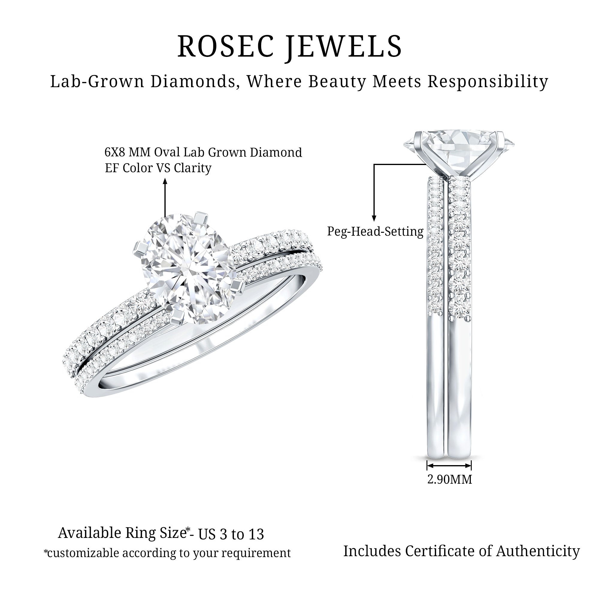 Rosec Jewels-IGI Certified 1 Carat Lab Grown Diamond Engagement Ring with Wedding Band Set