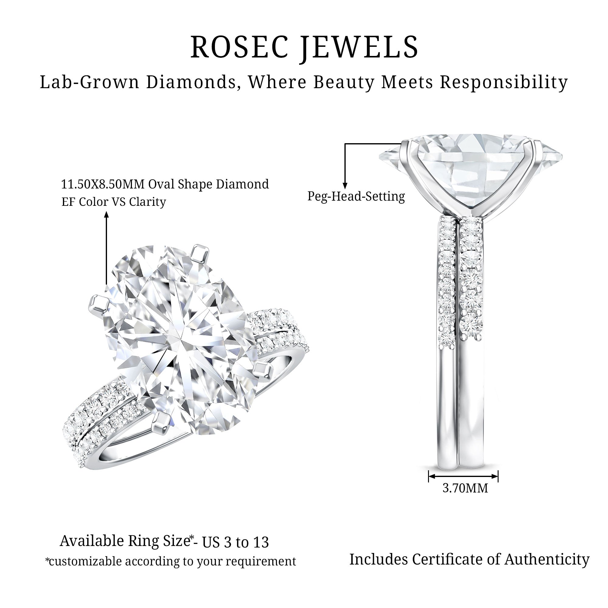 Rosec Jewels-4 Carat Huge Oval Lab Grown Diamond Solitaire Bridal Ring Set with IGI Certificate