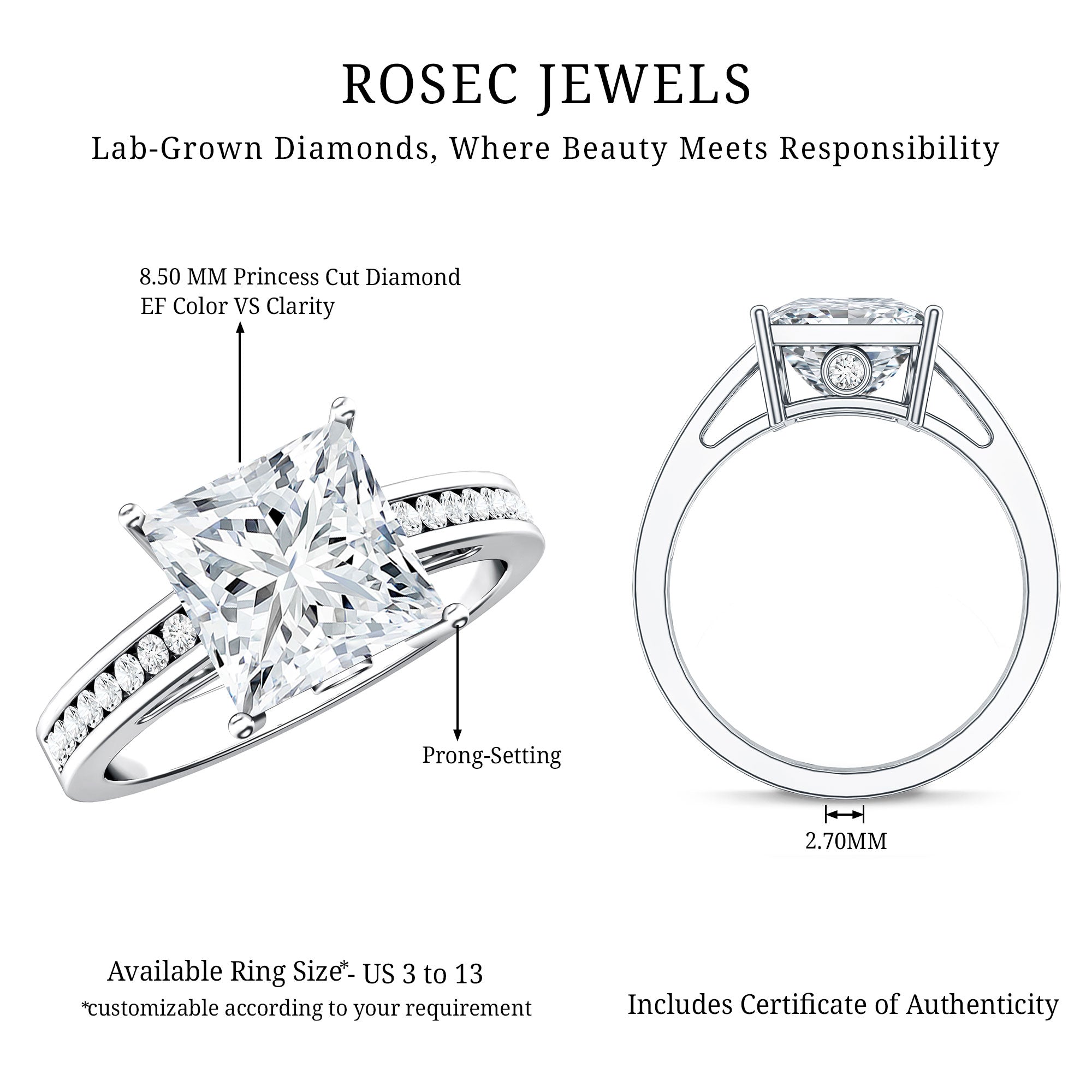 Rosec Jewels-Solitaire Princess Cut Lab Grown Diamond Engagement Ring 4 Carat IGI Certified