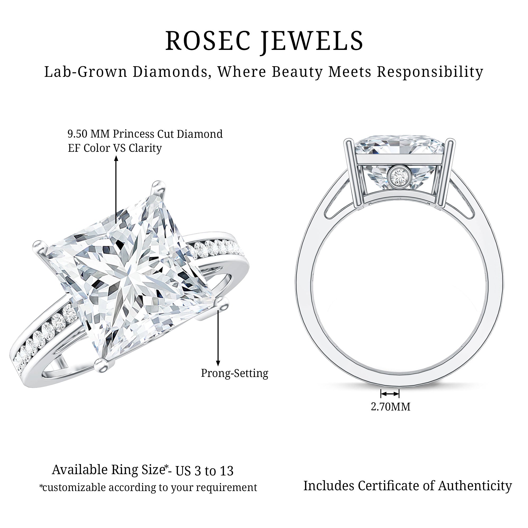 Rosec Jewels-Solitaire 5 Carat Lab Grown Diamond Princess Cut Engagement Ring IGI Certified