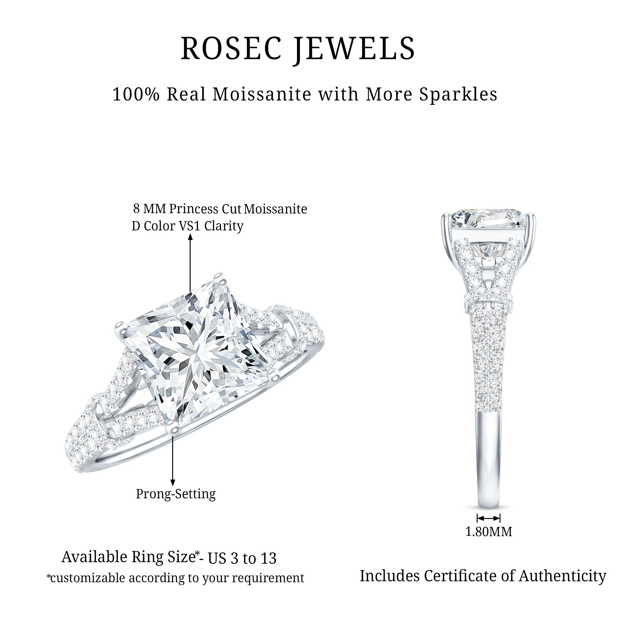 Rosec Jewels-3 Carat Princess Cut Lab Grown Diamond Split Shank Engagement Ring IGI Certified