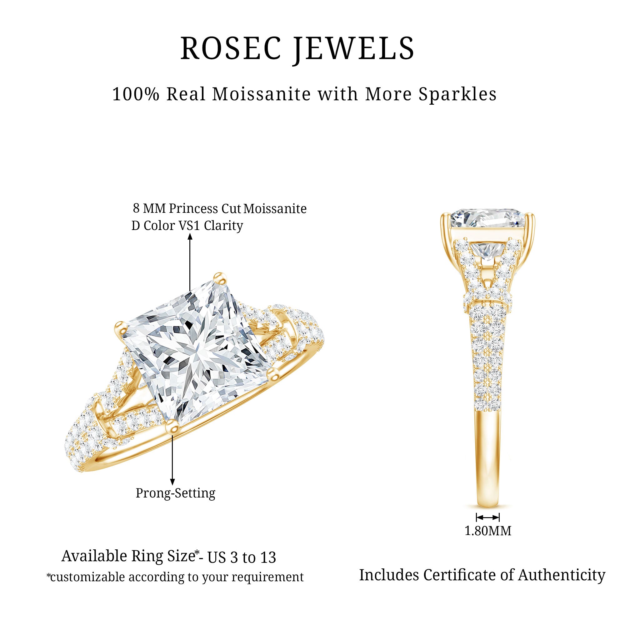 Rosec Jewels-3 Carat Princess Cut Lab Grown Diamond Split Shank Engagement Ring IGI Certified