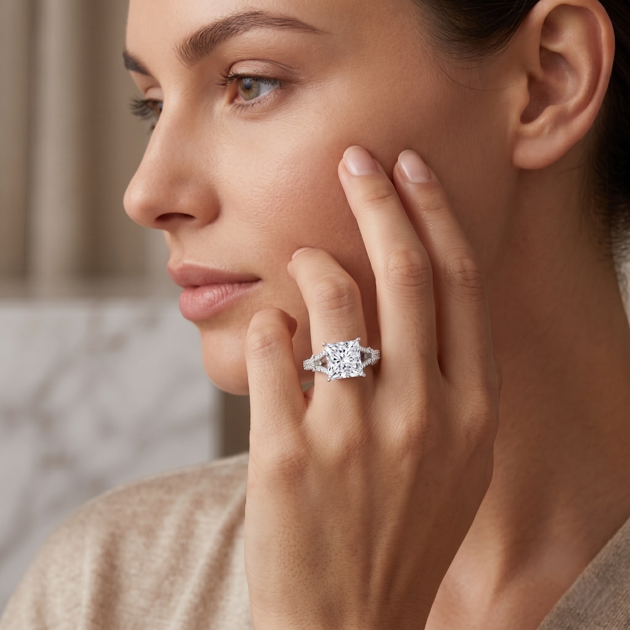 IGI Certified Big 5 Carat Lab Grown Diamond Princess Cut Engagement Ring with Split Shank Lab - ( E-VS1 ) - Rosec Jewels