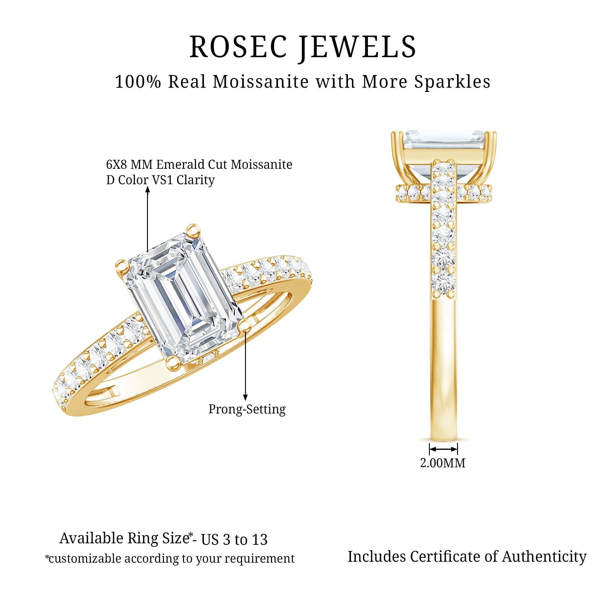 Rosec Jewels-IGI Certified Emerald Cut Lab Grown Diamond Engagement Ring 2 Carat