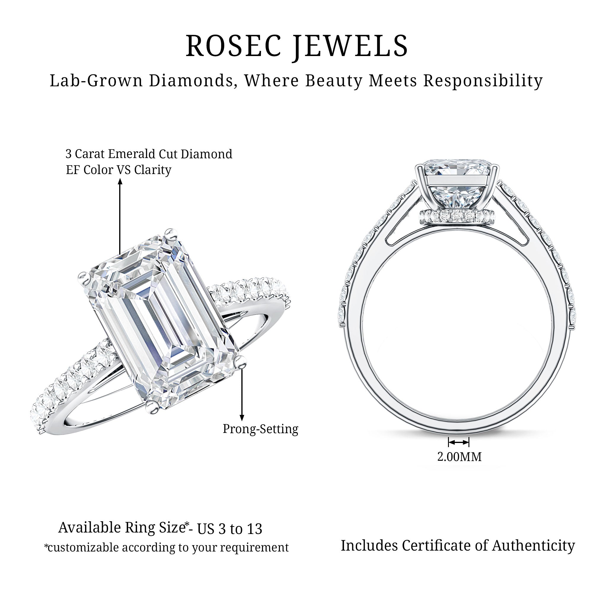 Rosec Jewels-Emerald Cut Lab Grown Diamond Hidden Halo Engagement Ring 3 Carat IGI Certified