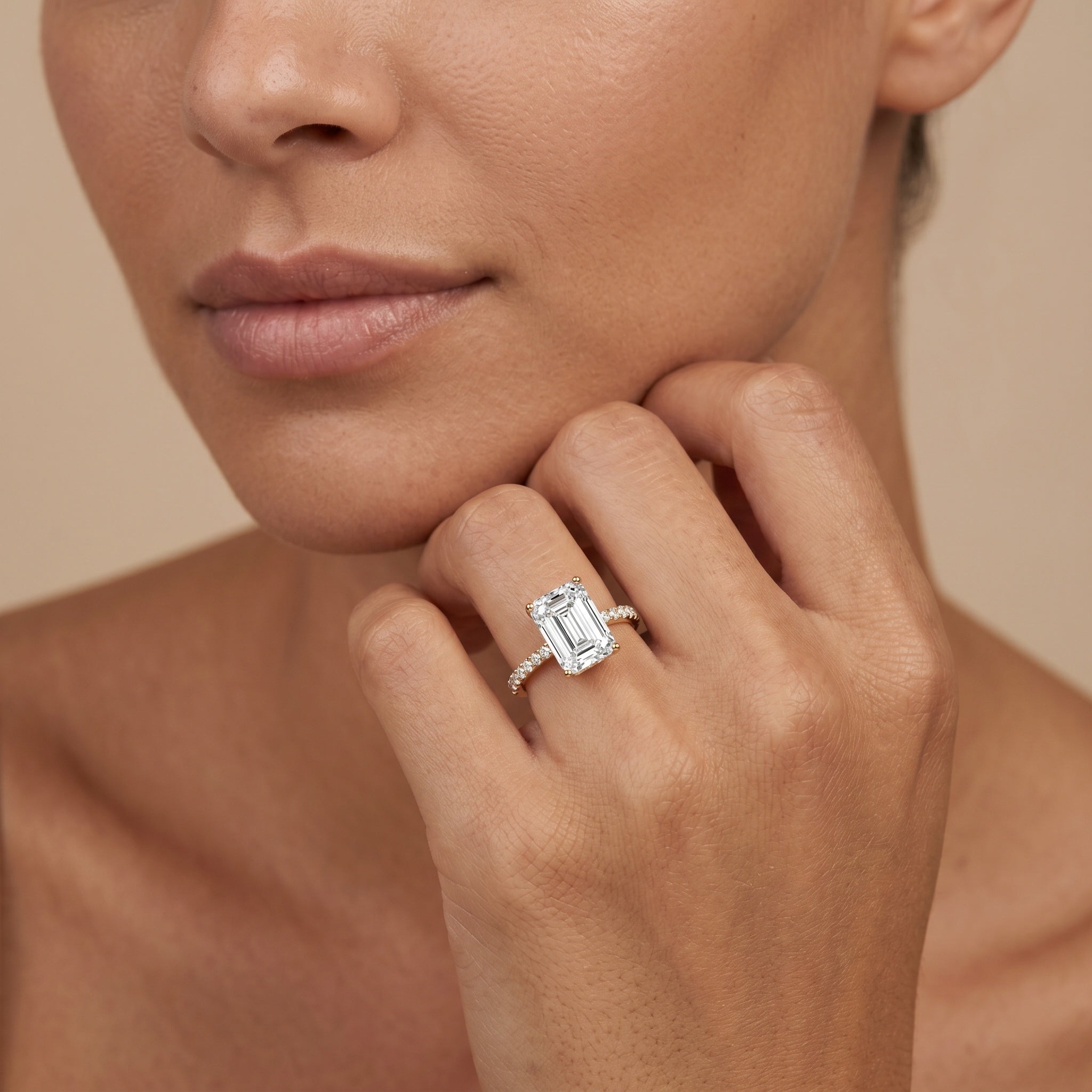 Emerald Cut Lab Grown Diamond Hidden Halo Engagement Ring 3 Carat IGI Certified Lab - ( E-VS1 ) - Rosec Jewels
