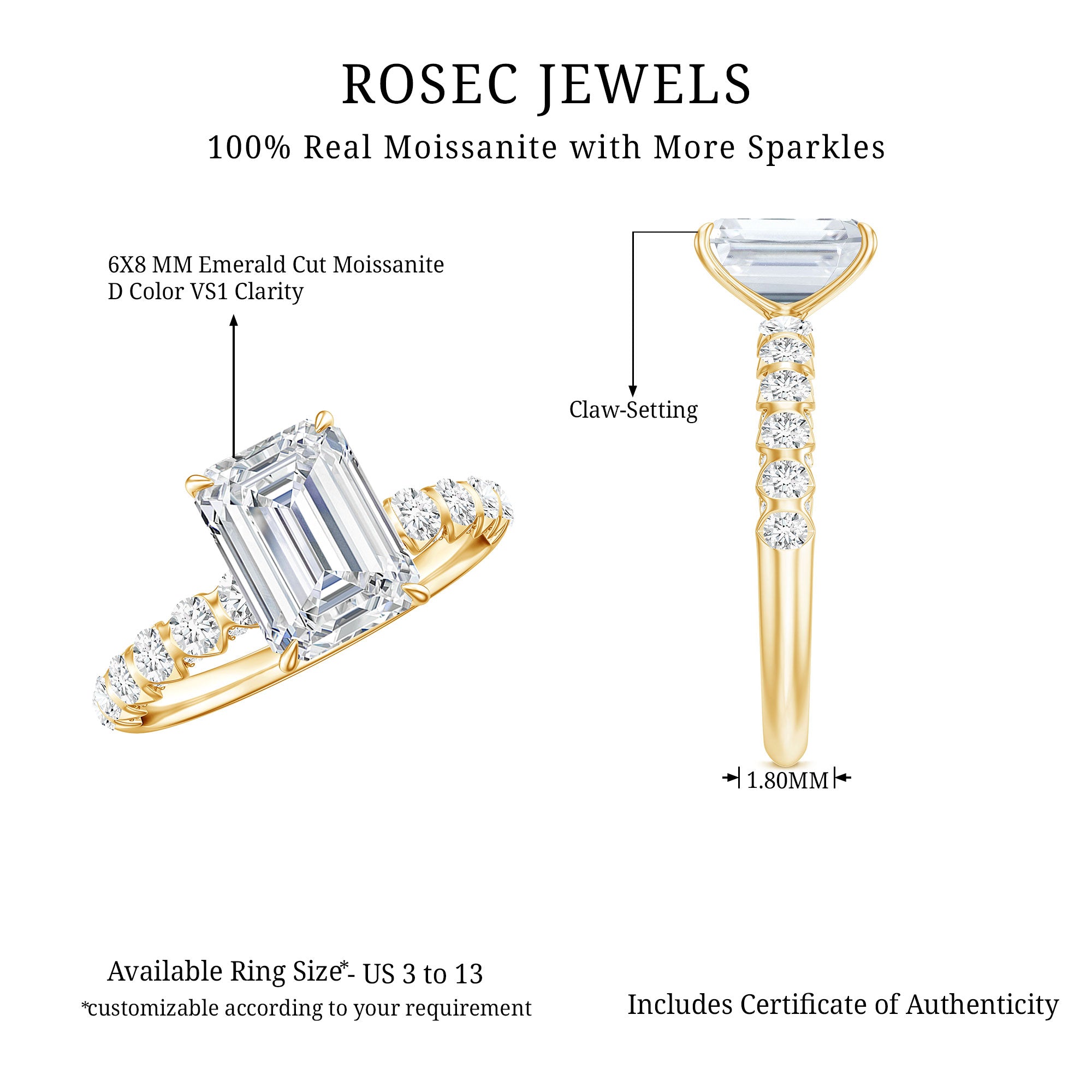 Rosec Jewels-IGI Certified Lab Grown Diamond 2 Carat Emerald Cut Engagement Ring