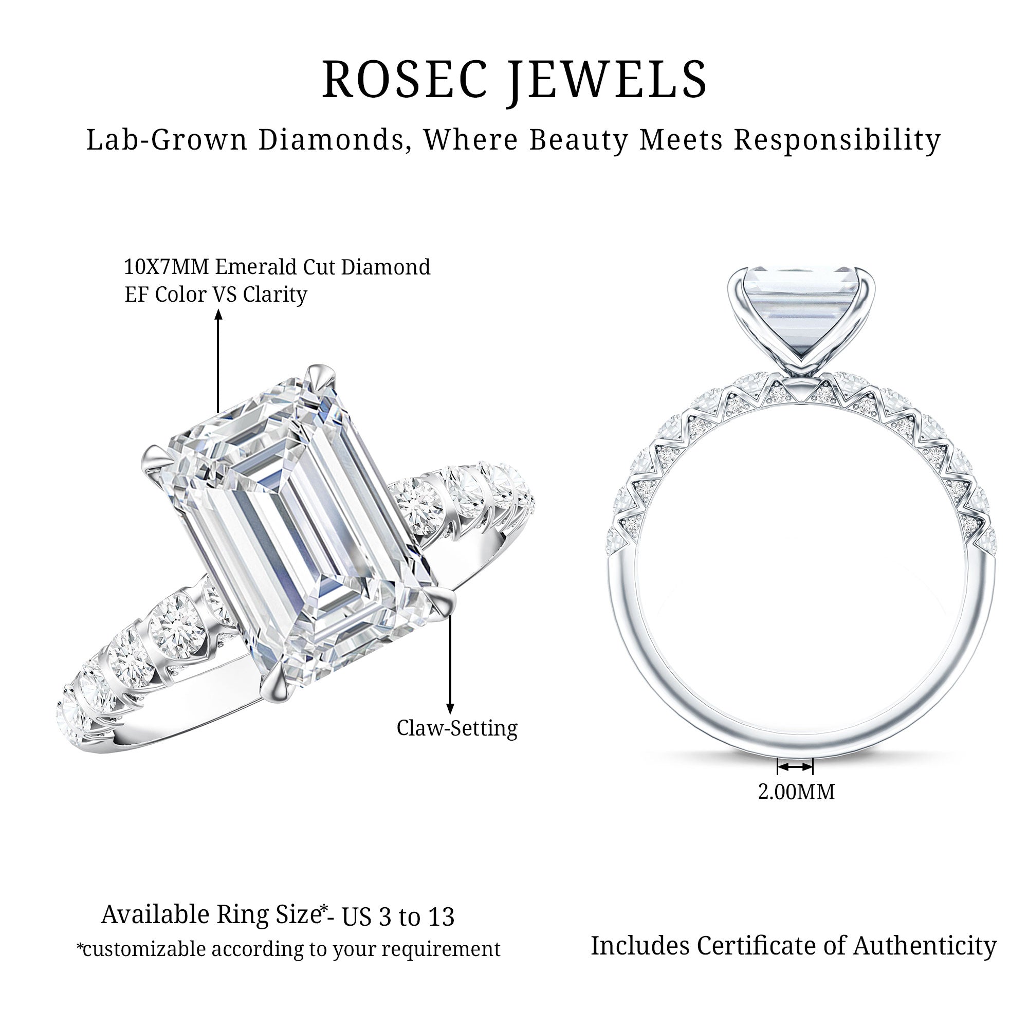 Rosec Jewels-IGI Certified 3 Carat Emerald Cut Lab Grown Diamond Engagement Ring with Side Stones