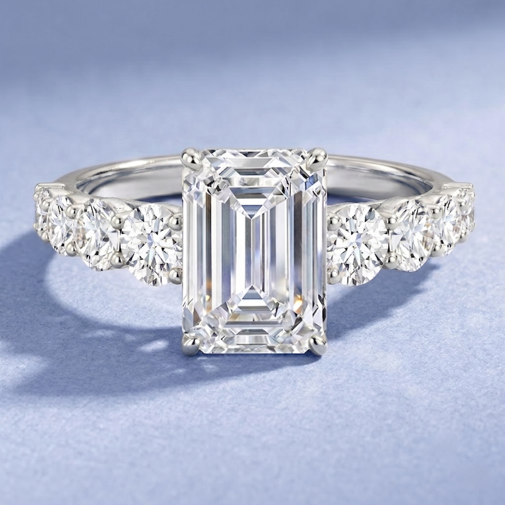 3 Carat IGI Certified Emerald Cut Lab Grown Diamond Engagement Ring with Side Stones Lab - ( E-VS1 ) - Rosec Jewels