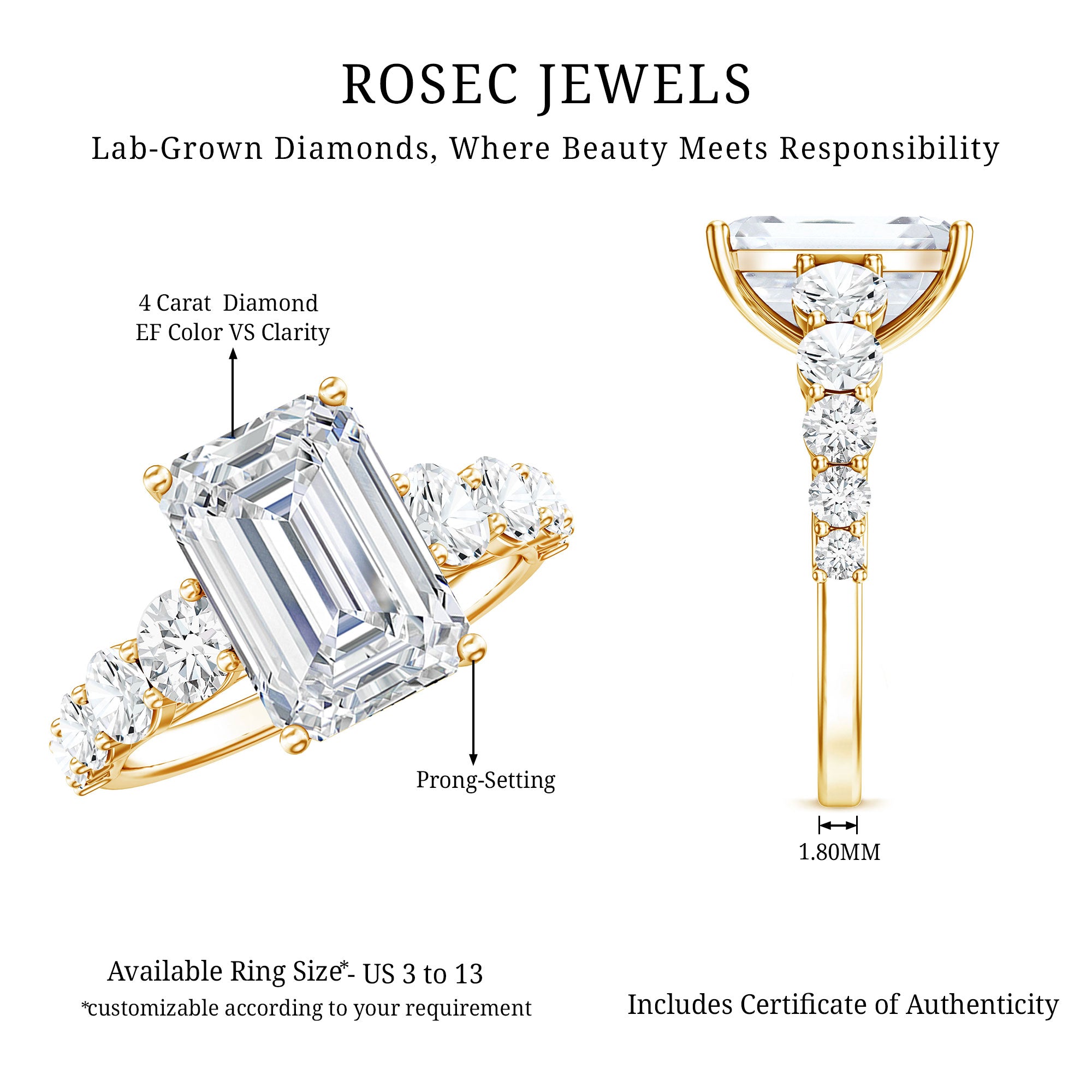 Emerald Cut 4 Carat Lab Grown Diamond Side Stone Engagement Ring with IGI Certificate Lab - ( E-VS1 ) - Rosec Jewels