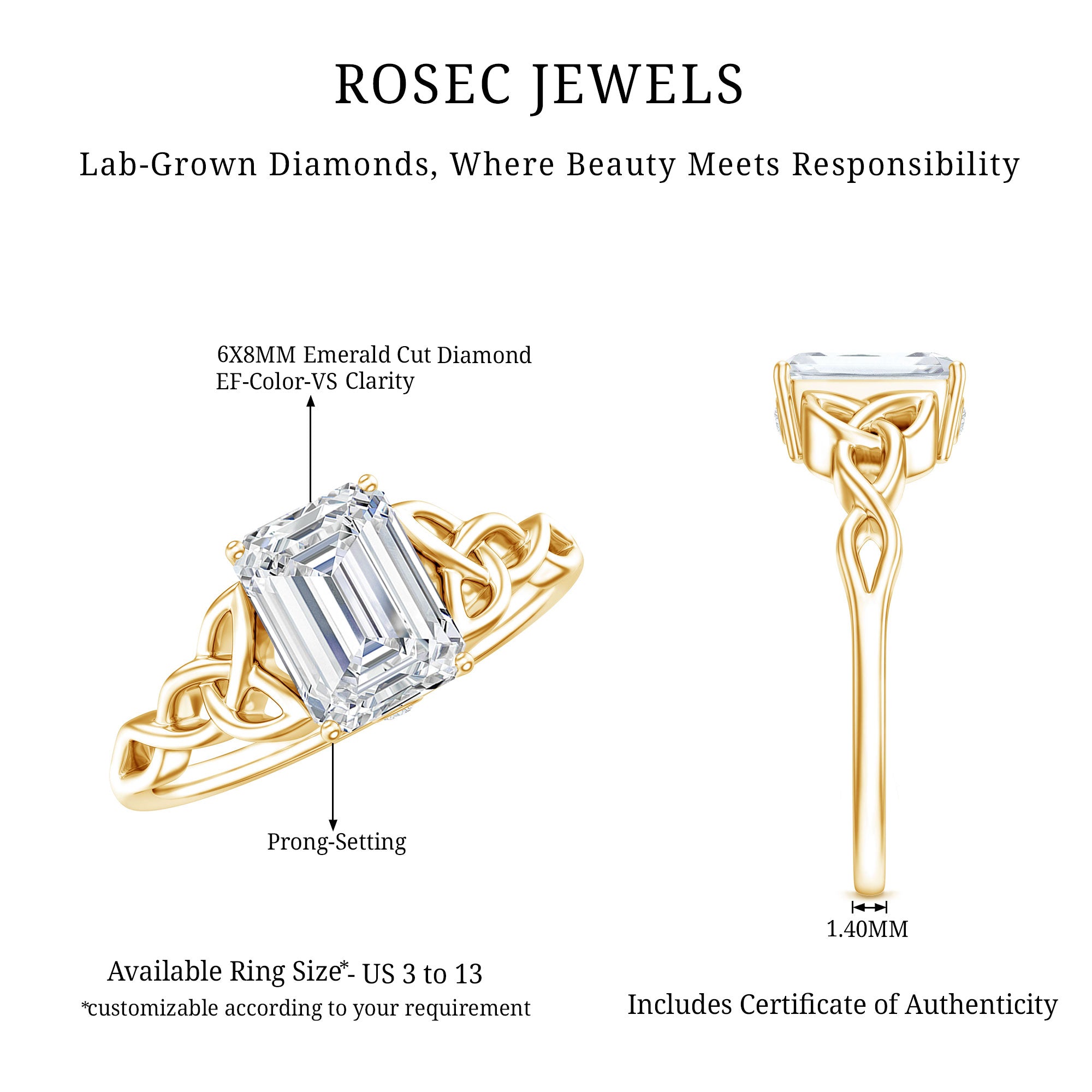 Rosec Jewels-2 Carat Emerald Cut Lab Grown Diamond Celtic Engagement Ring with IGI Certificate