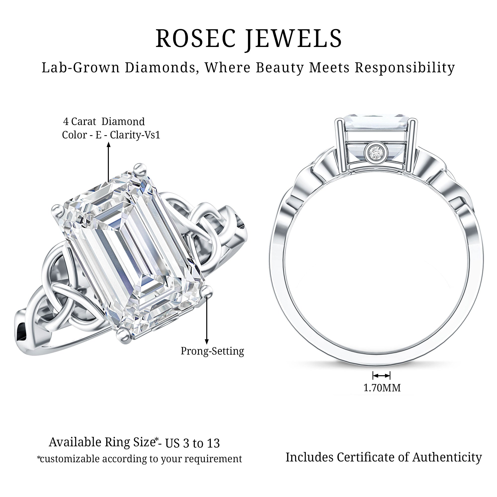 IGI Certified 4 Carat Emerald Cut Lab Grown Diamond Engagement Ring with Celtic Knot Lab - ( E-VS1 ) - Rosec Jewels