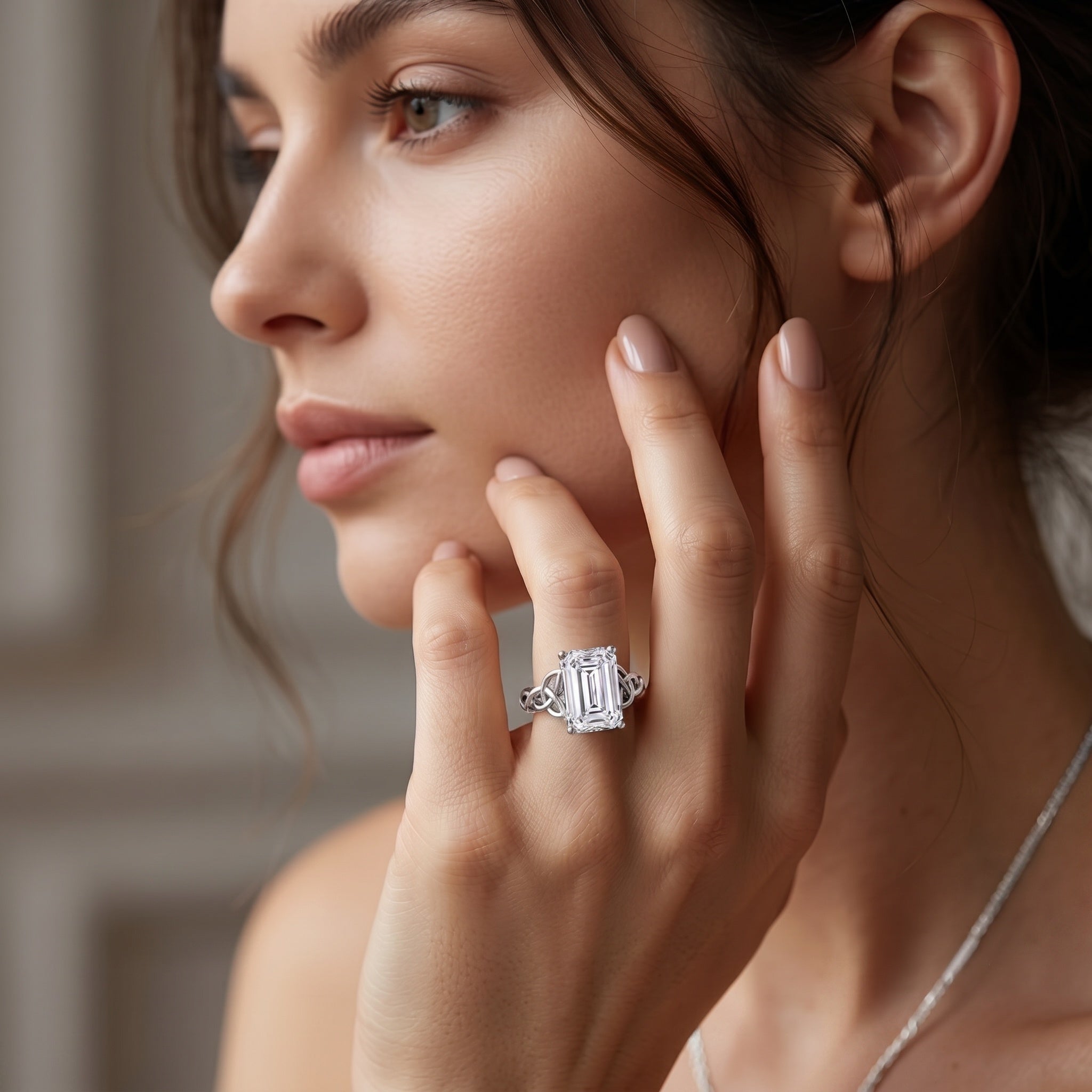 IGI Certified 4 Carat Emerald Cut Lab Grown Diamond Engagement Ring with Celtic Knot Lab - ( E-VS1 ) - Rosec Jewels