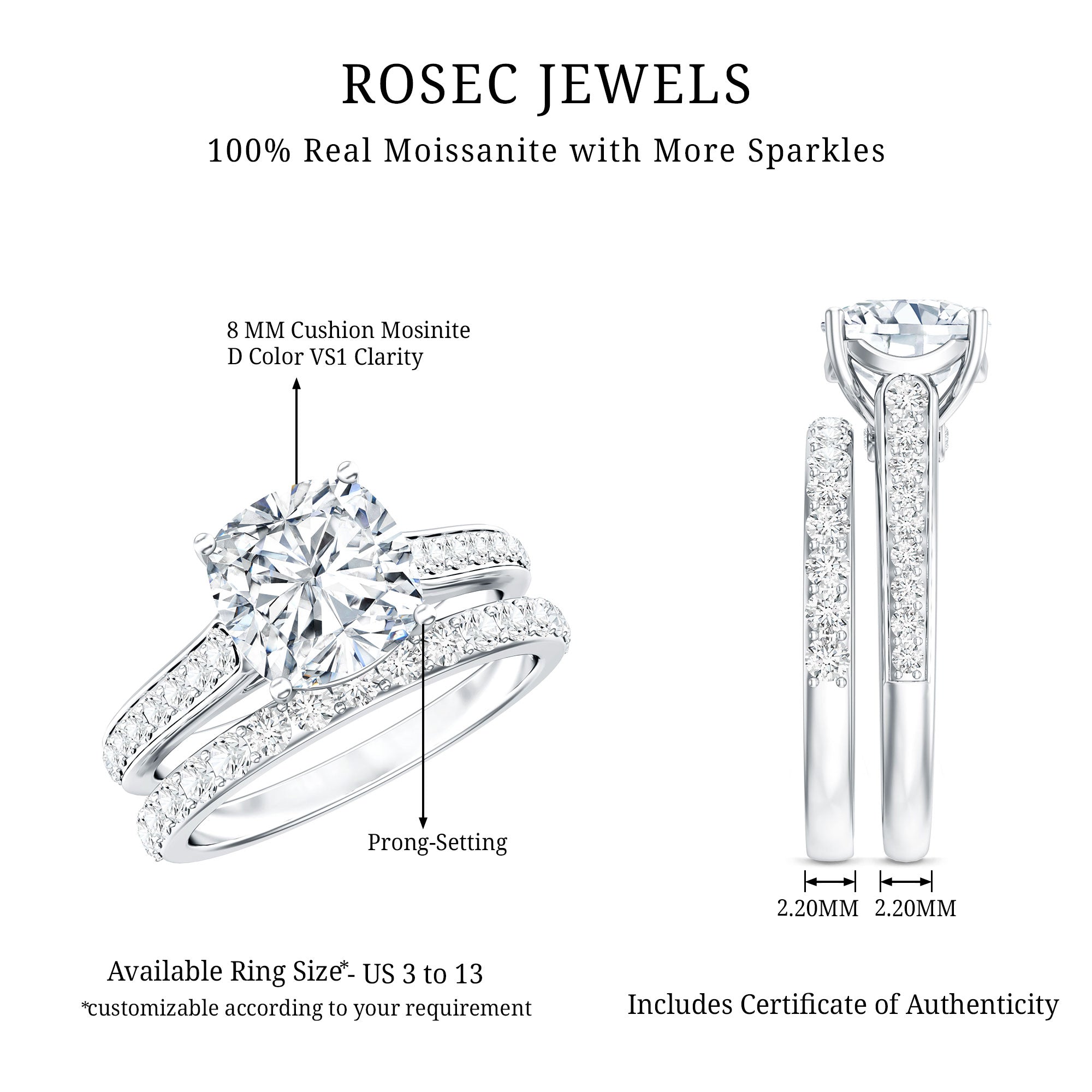 Rosec Jewels-IGI Certified Cushion Cut 3 Carat Lab Grown Diamond Bridal Ring Set for Women