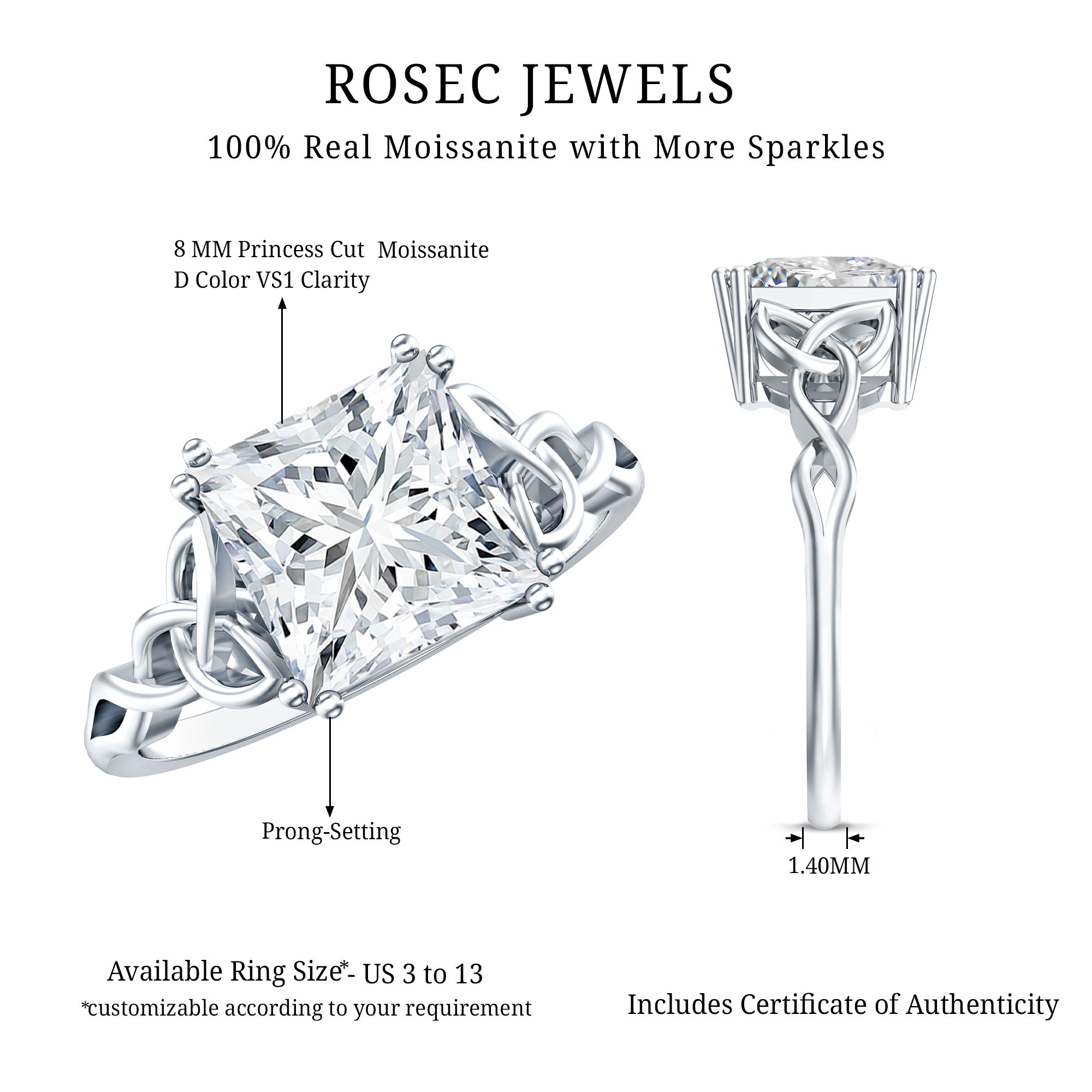 Rosec Jewels-IGI Certified 3 Carat Lab Grown Diamond Princess Cut Engagement Ring with Celtic Knot