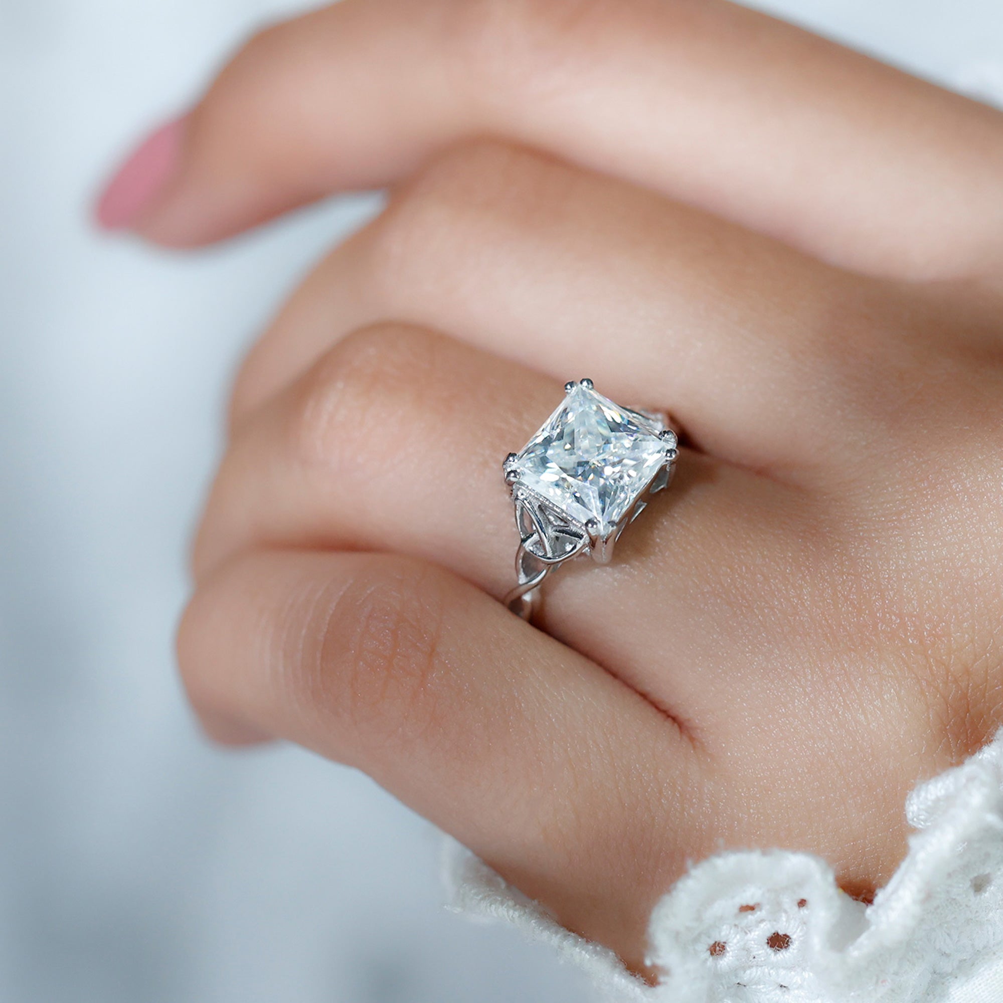 Rosec Jewels-IGI Certified 3 Carat Lab Grown Diamond Princess Cut Engagement Ring with Celtic Knot