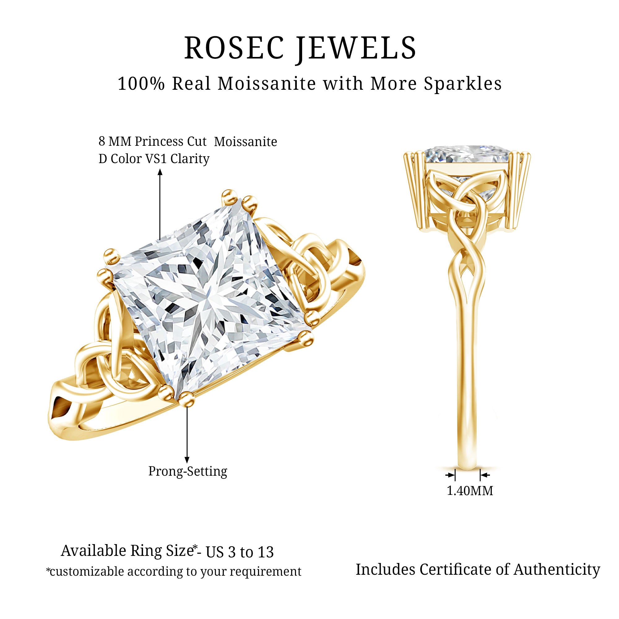 Rosec Jewels-IGI Certified 3 Carat Lab Grown Diamond Princess Cut Engagement Ring with Celtic Knot
