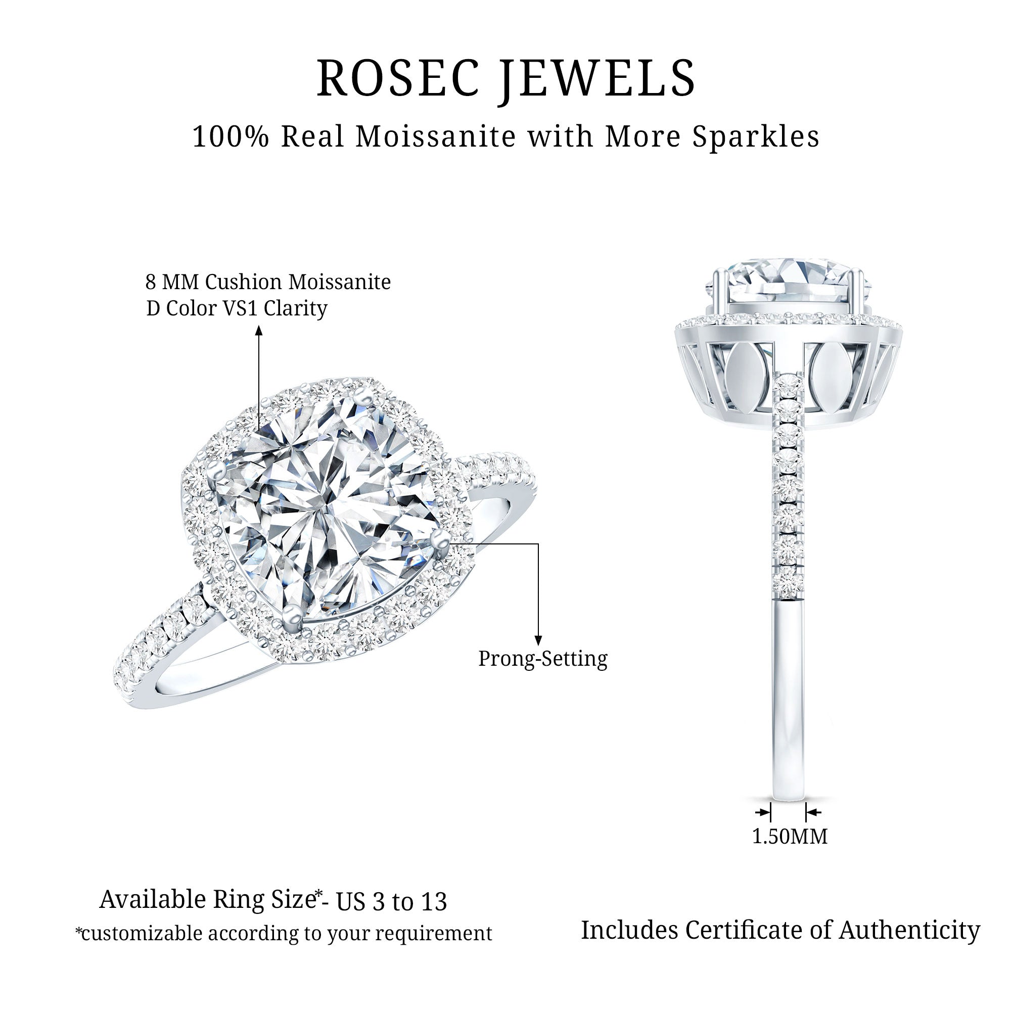 Rosec Jewels-IGI Certified 4 Carat Cushion Cut Lab Created Diamond Halo Engagement Ring