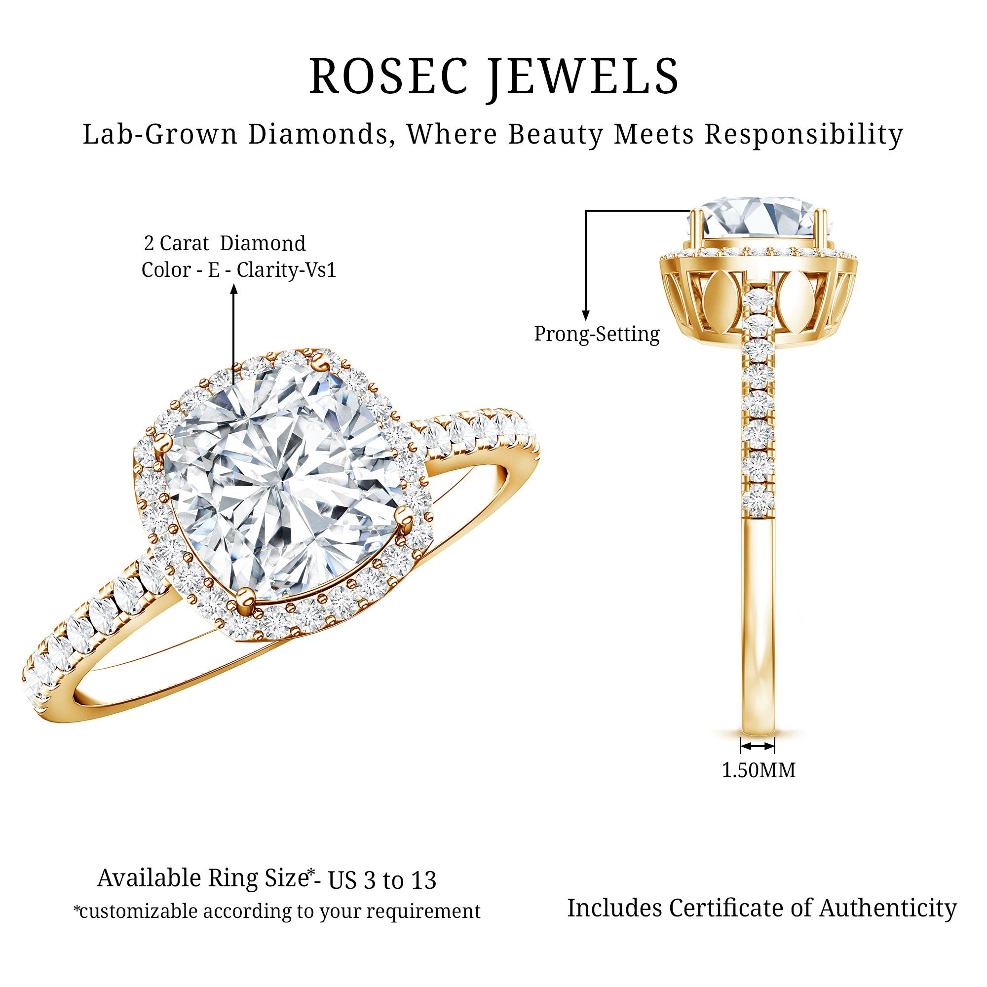 IGI Certified 2 Carat Cushion Cut Lab Grown Diamond Halo Engagement Ring Lab - ( E-VS1 ) - Rosec Jewels