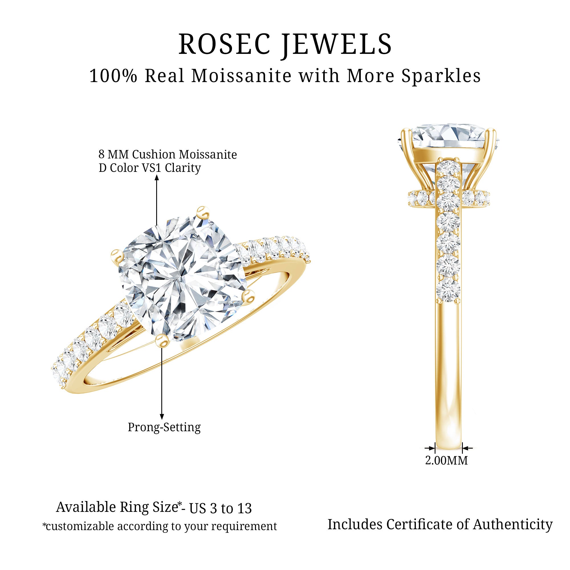 Rosec Jewels-3 Carat Cushion Cut Lab Diamond Solitaire Engagement Ring IGI Certified