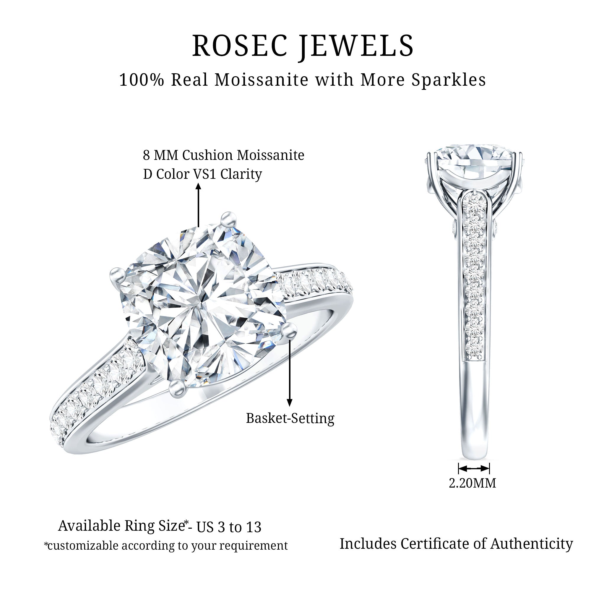 Rosec Jewels-IGI Certified Cushion Cut 3 Carat Lab Grown Diamond Cathedral Engagement Ring