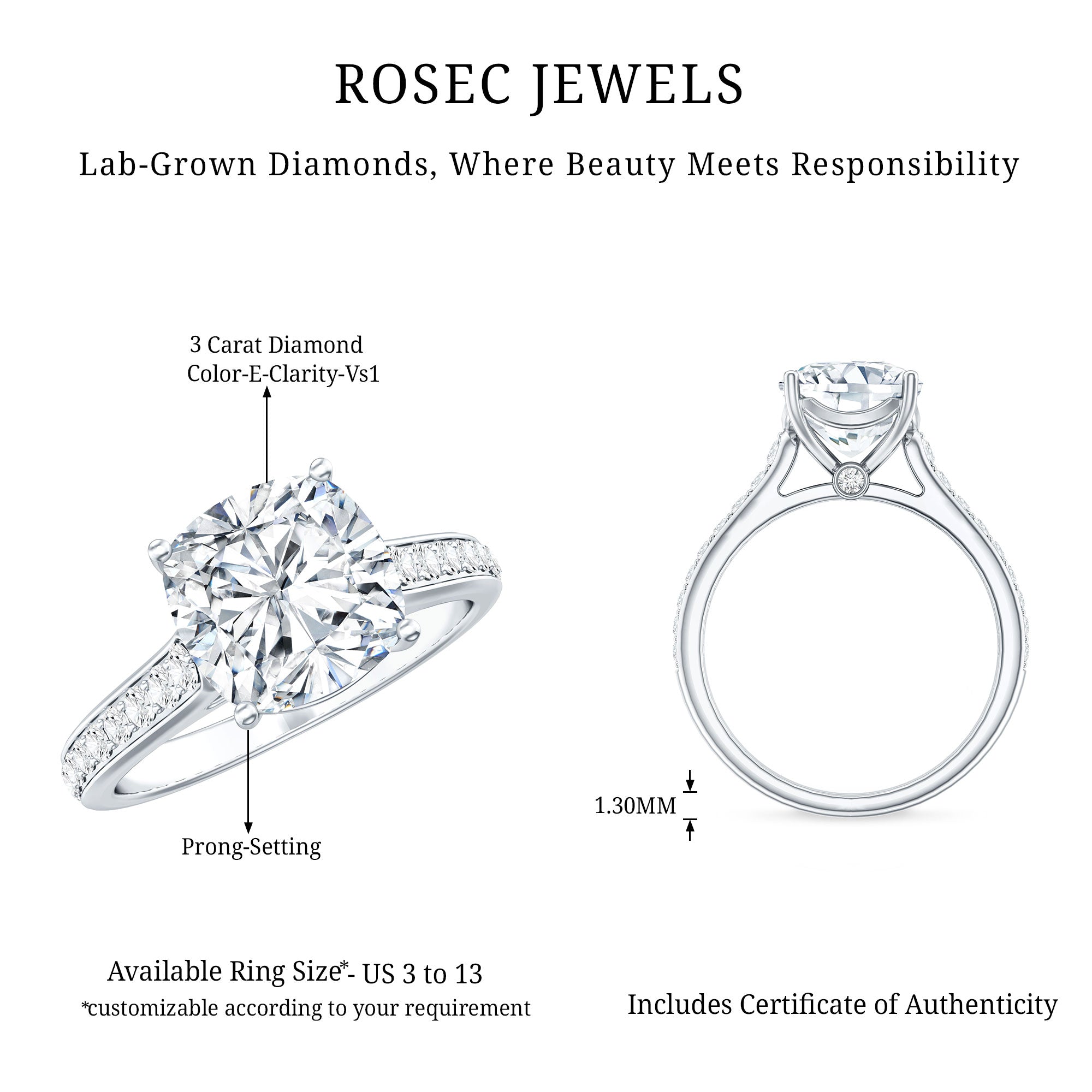 IGI Certified Cushion Cut 3 Carat Lab Grown Diamond Cathedral Engagement Ring Lab - ( E-VS1 ) - Rosec Jewels