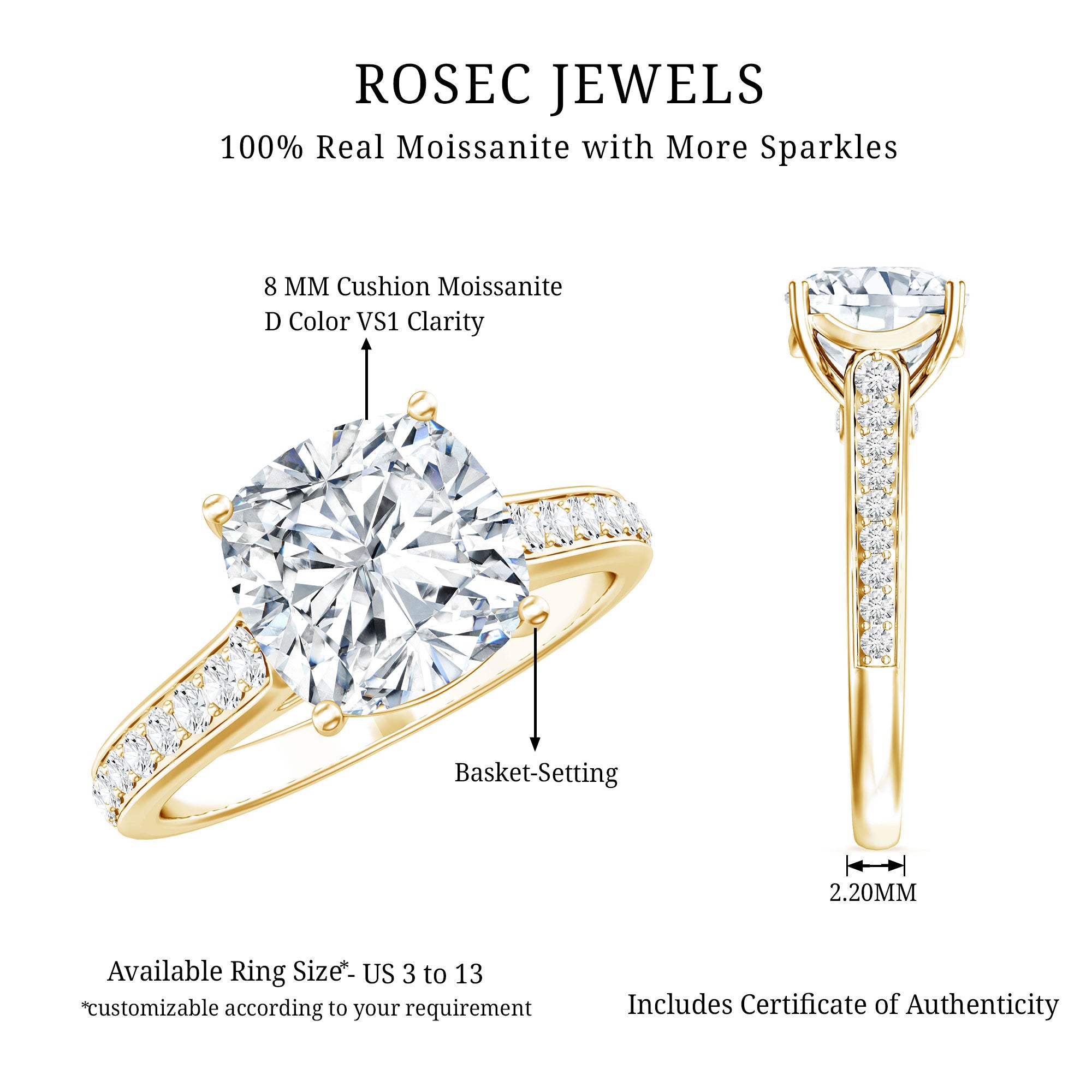 Rosec Jewels-IGI Certified Cushion Cut 3 Carat Lab Grown Diamond Cathedral Engagement Ring