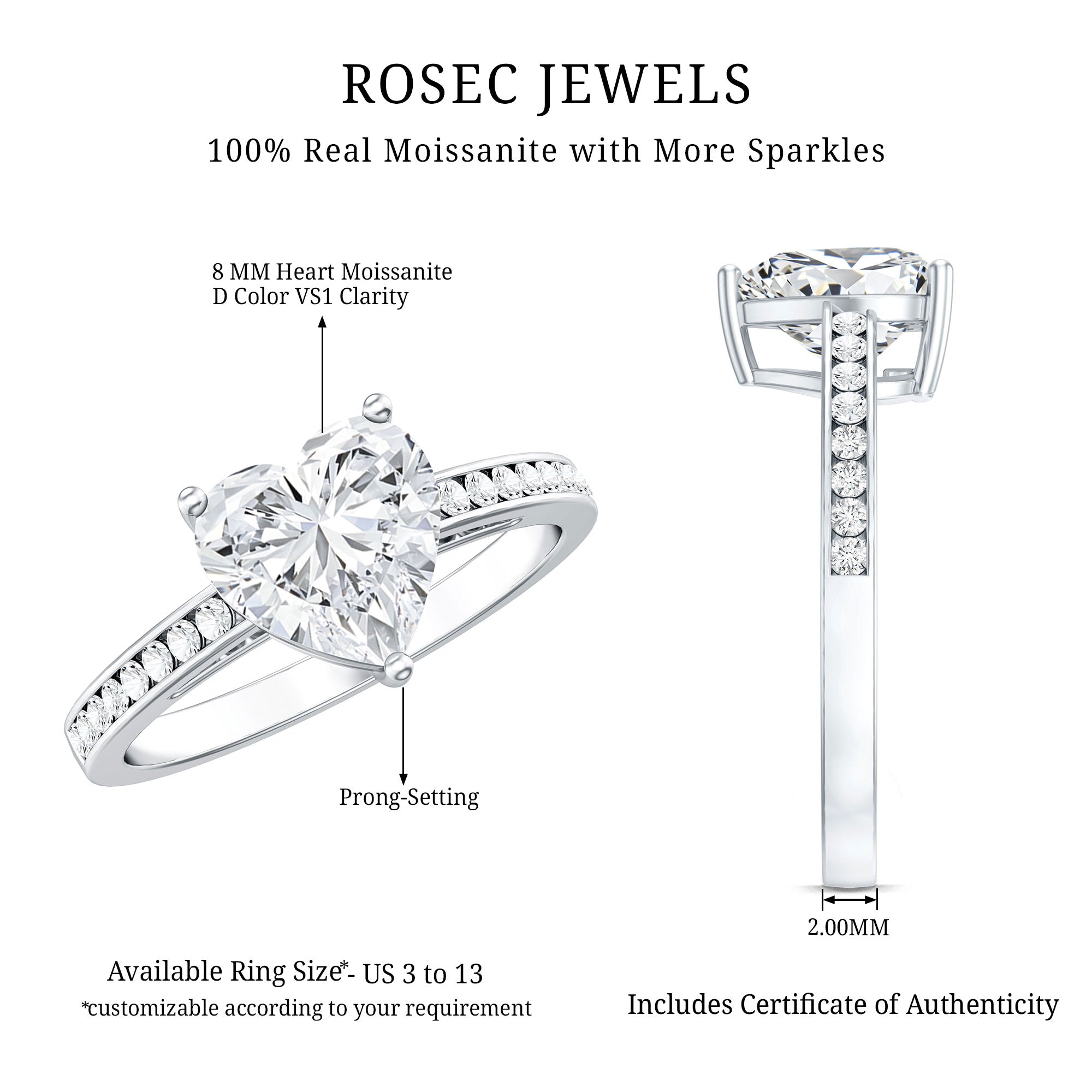 Rosec Jewels-IGI Certified 2 Carat Lab Grown Diamond Heart Engagement Ring for Women