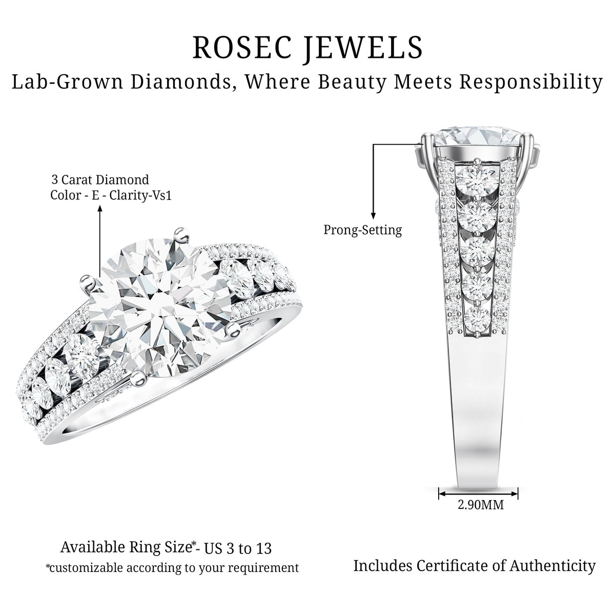 Rosec Jewels-IGI Certified 3 Carat Lab Diamond Statement Engagement Ring with Side Stones