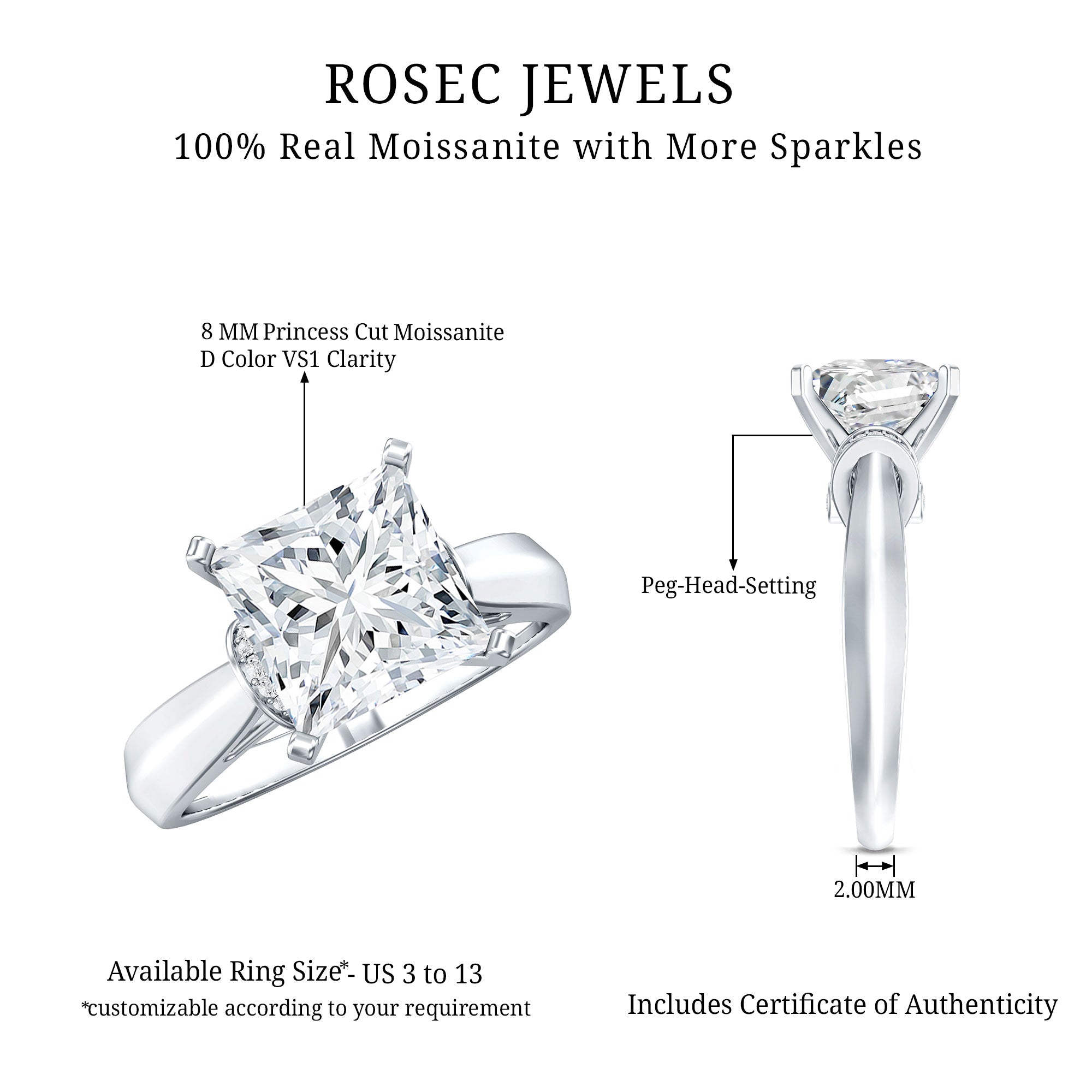 Lab Grown 4 Carat Diamond Princess Cut Engagement Ring with IGI Certificate Lab - ( E-VS1 ) - Rosec Jewels
