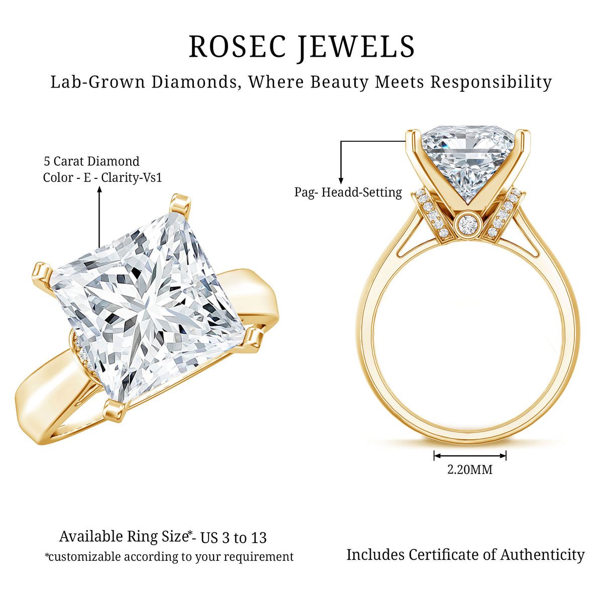 Huge 5 Carat Princess Cut Engagement Ring with IGI Certified Solitaire Lab Grown Diamond Lab - ( E-VS1 ) - Rosec Jewels